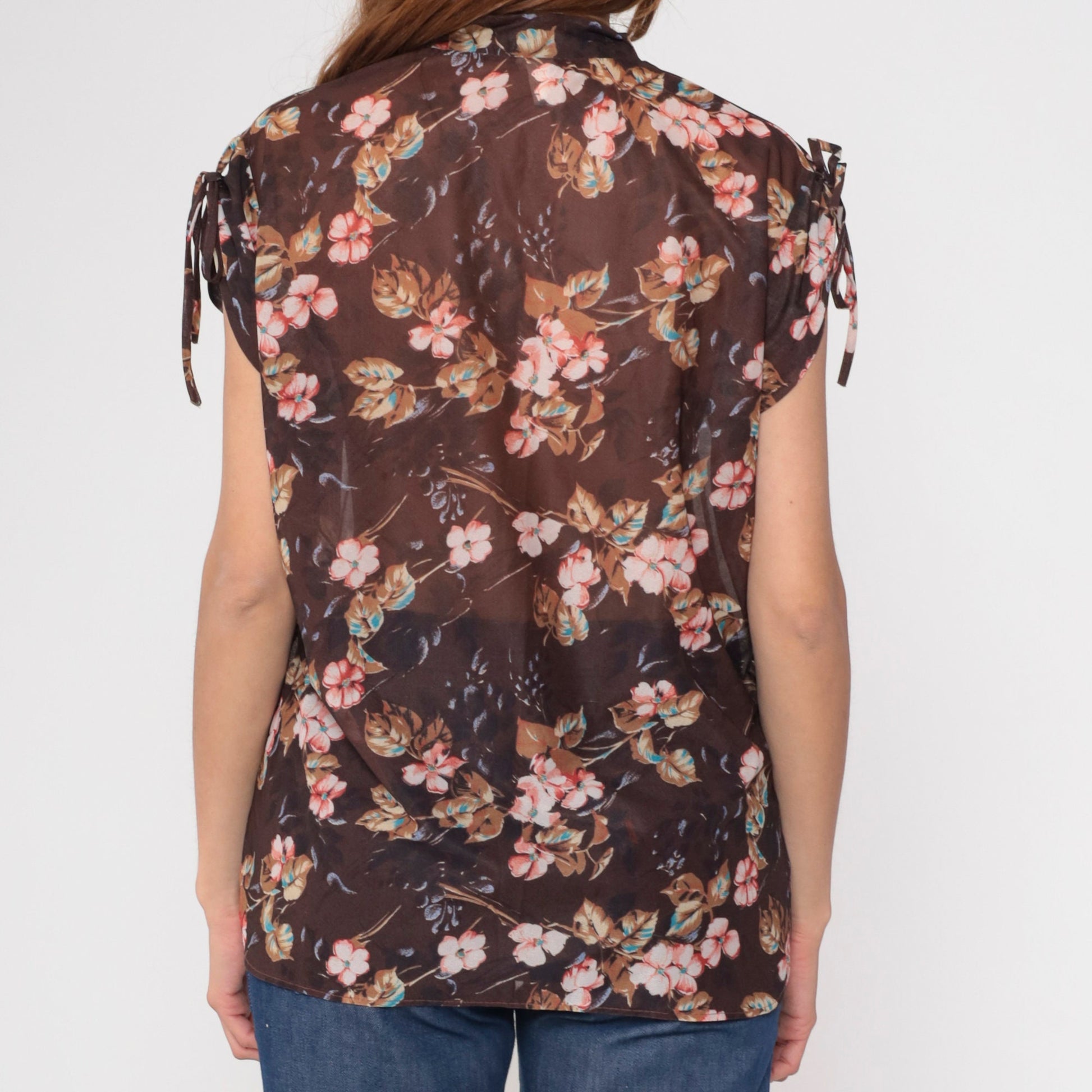 70s Sheer Floral Blouse Tie Sleeve V Neck Brown Pink Shirt Medium Large