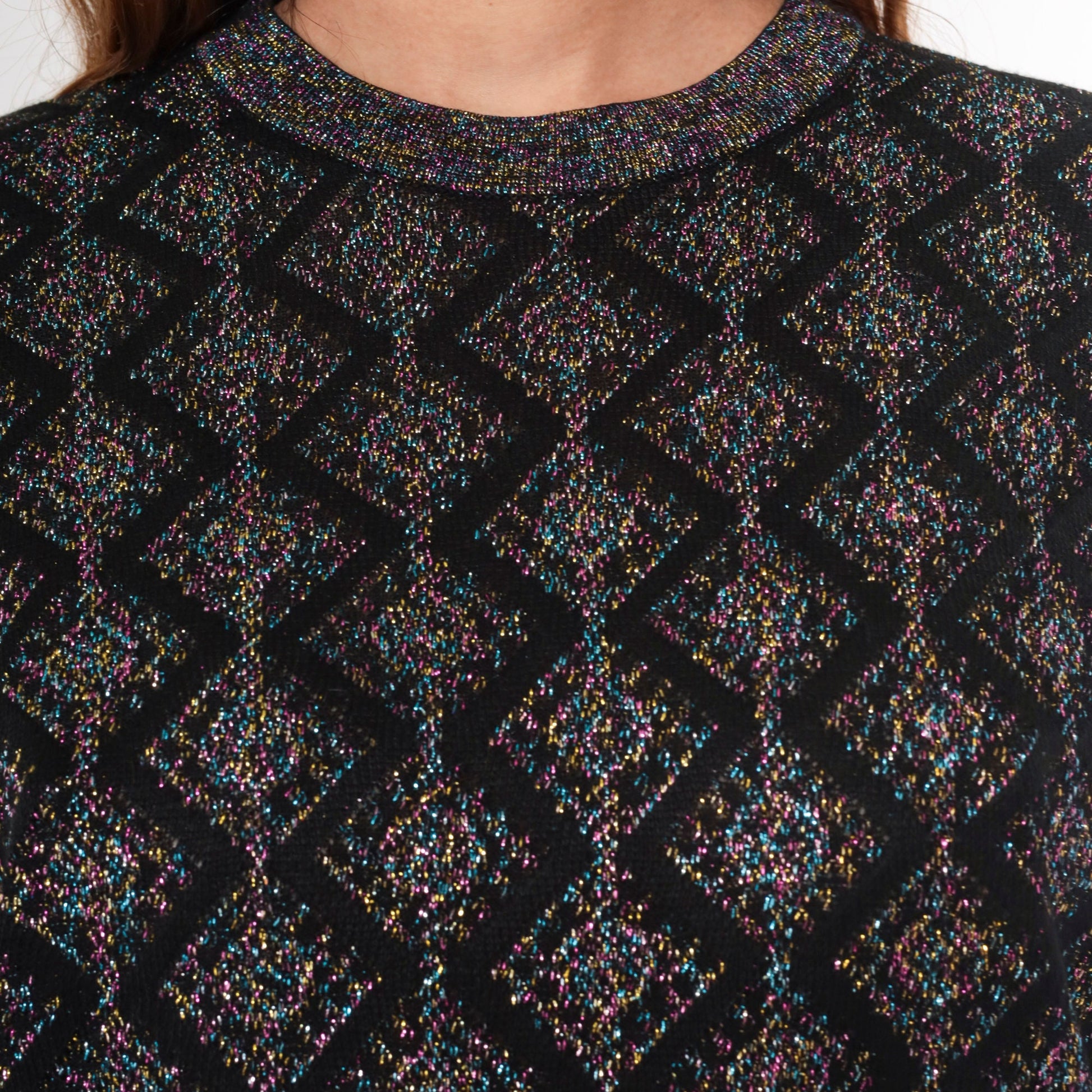 80s Metallic Geometric Sweater Black Pink Blue Lurex Knit Crewneck Medium