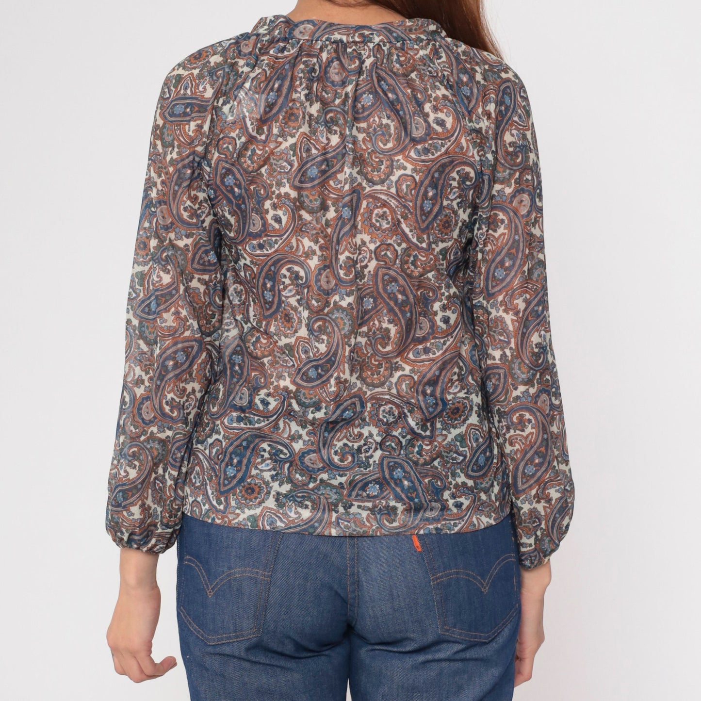 70s Paisley Tie Neck Blouse Sheer Psychedelic Print Orange Blue Small