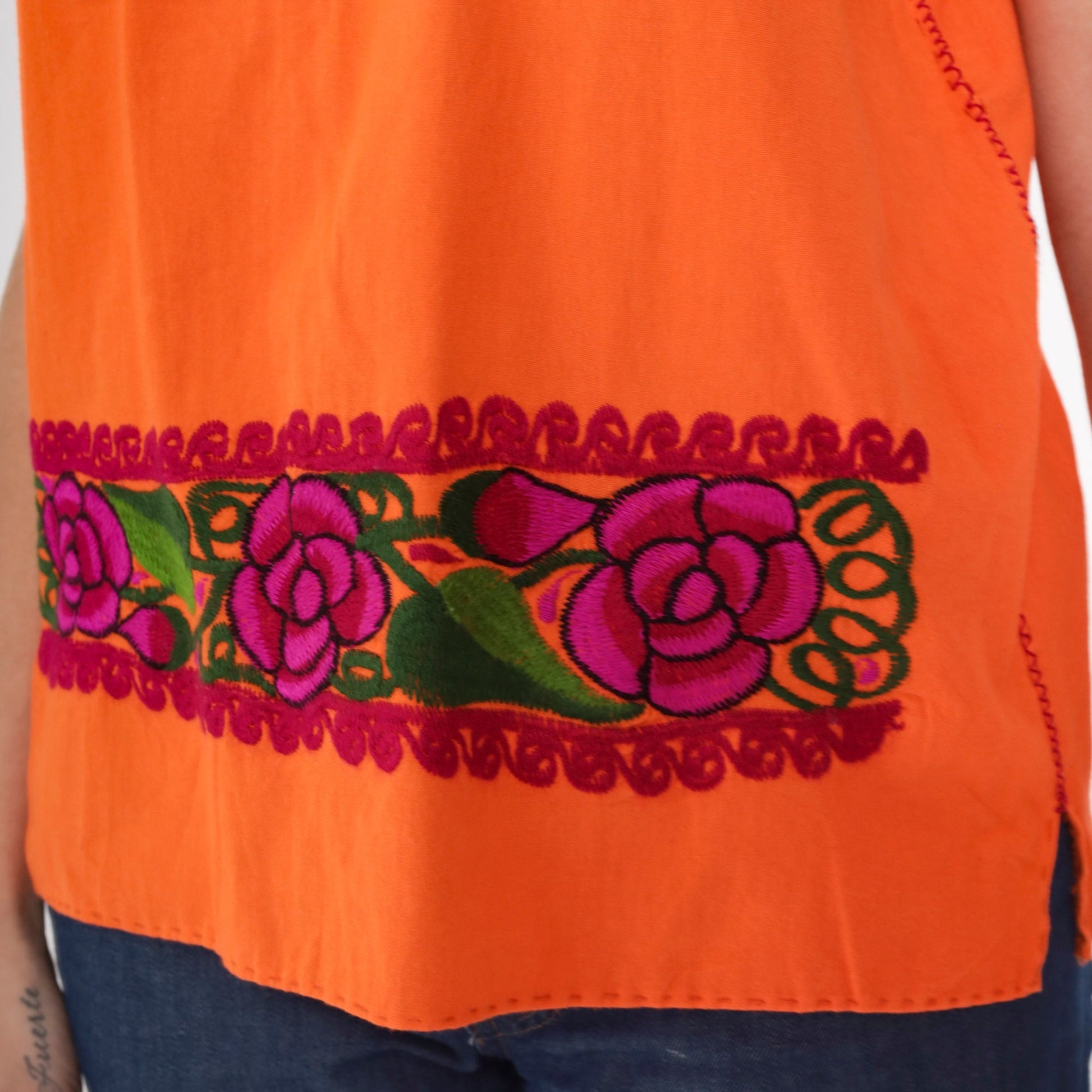 90s Orange Floral Mexican Embroidered Blouse Short Sleeve Cotton Tunic Medium