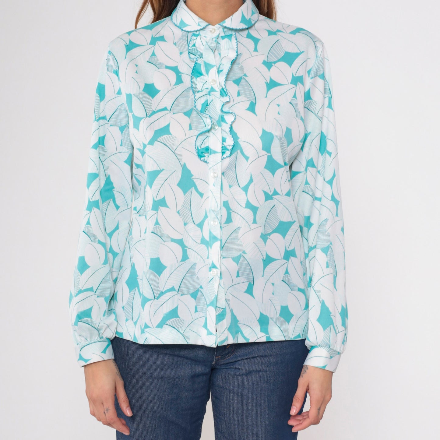 70s Leaf Print Ruffle Tuxedo Blouse Peter Pan Collar Long Sleeve White Blue Large