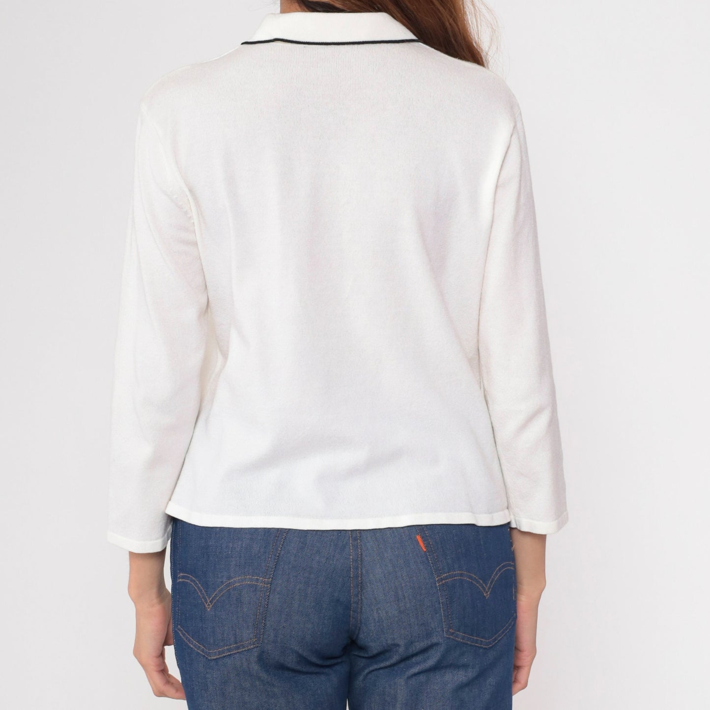 90s White Polo Sweater Black Trim Collared Knit Pullover Medium M