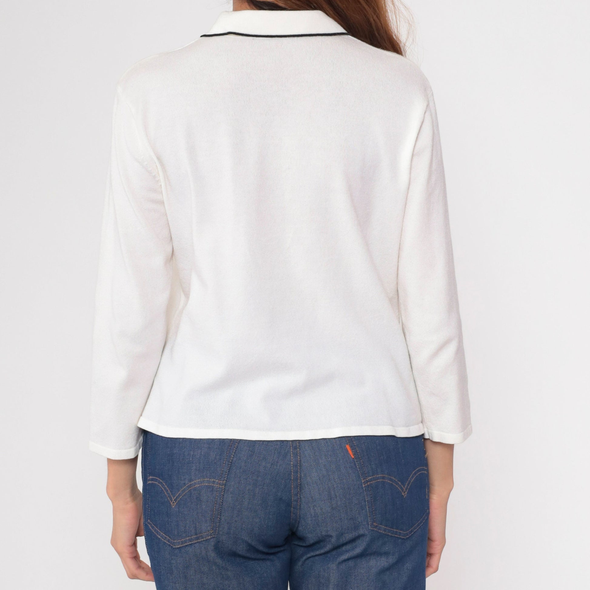 90s White Polo Sweater Black Trim Collared Knit Pullover Medium M