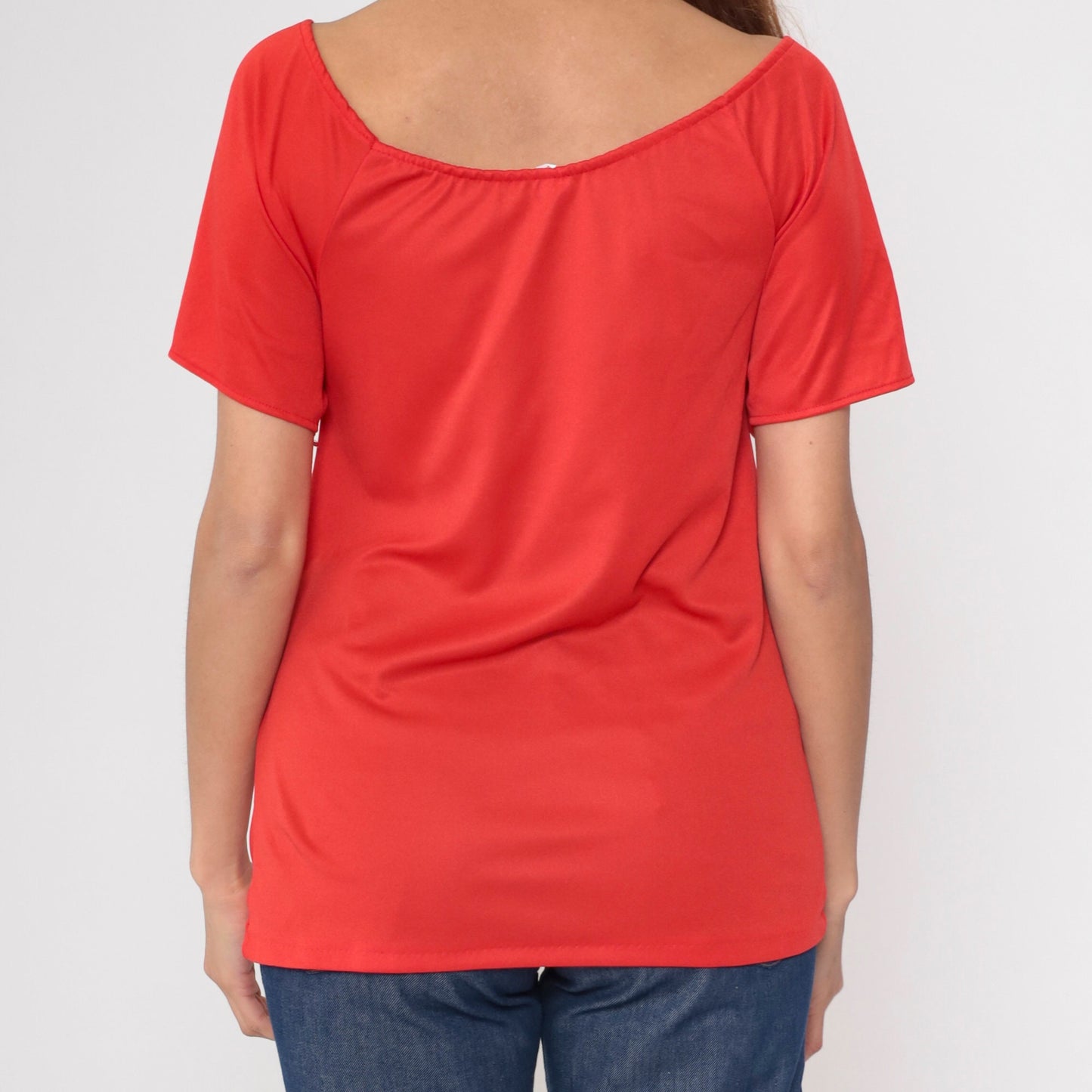 70s Red Bow Neck Blouse Short Raglan Sleeve Tunic Top Extra Small