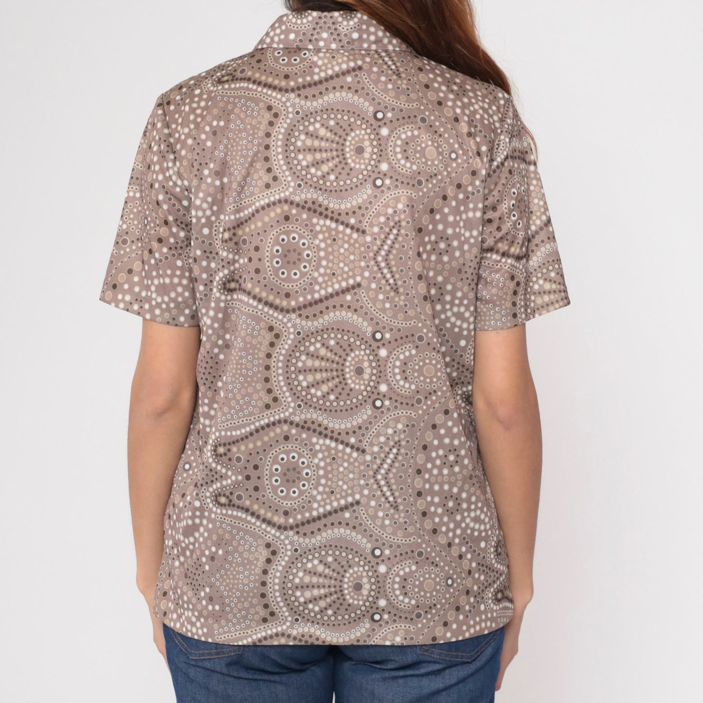 90s Blair Taupe Geometric Dot Blouse Keyhole Neck Short Sleeve Medium M