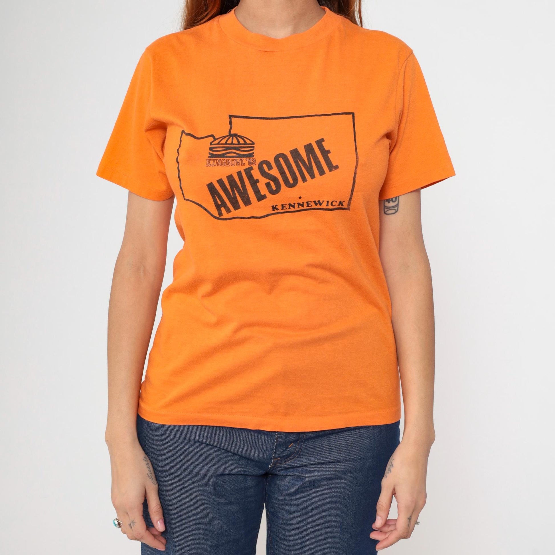 80s Kennewick Kingbowl Bowling Alley Graphic T-Shirt Orange Single Stitch Medium