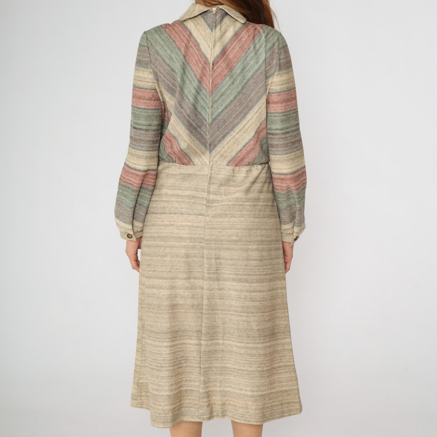 70s Kay Windsor Chevron Stripe Midi Dress Taupe Ascot Long Sleeve Medium Large