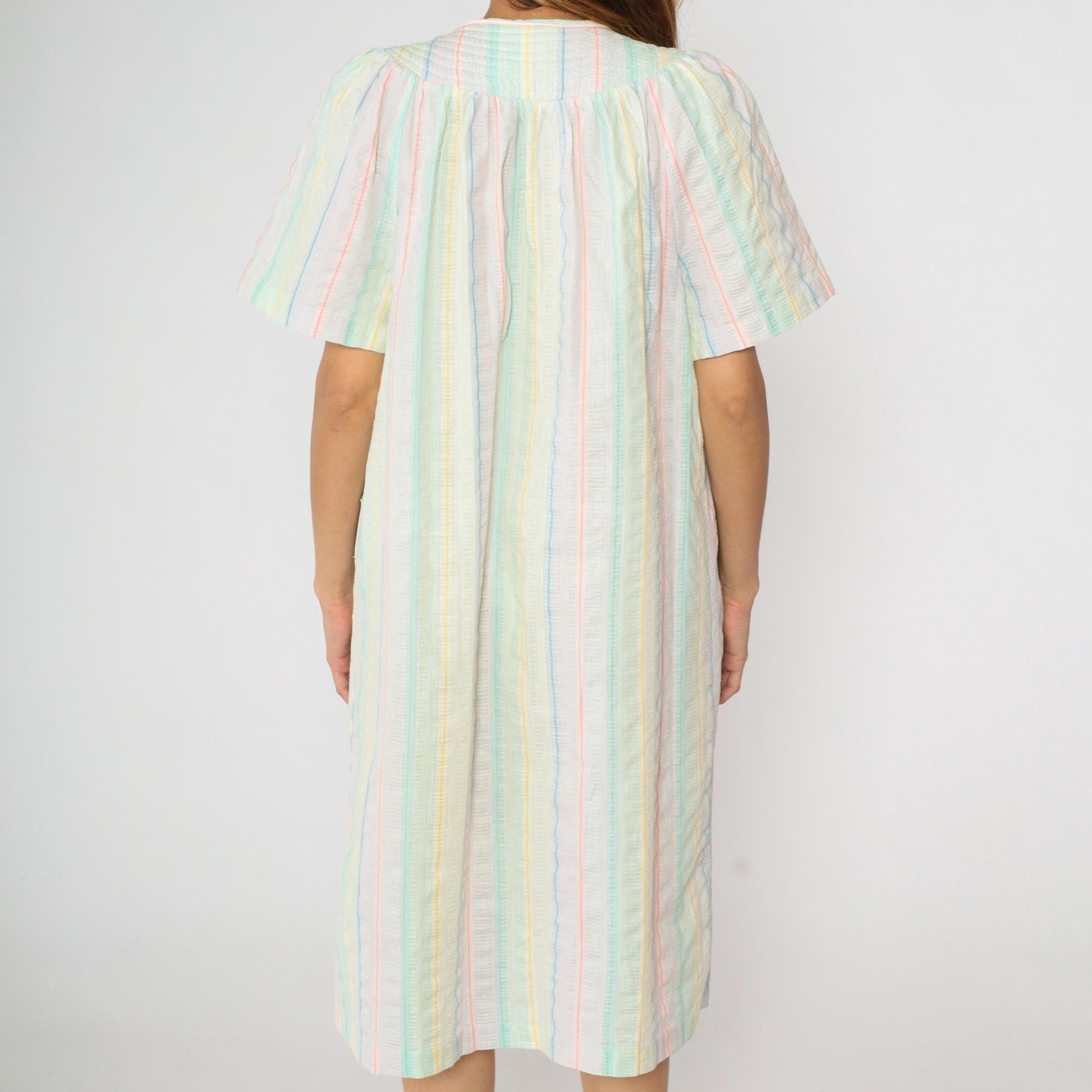 80s Barbizon Pastel Seersucker Midi Dress Puff Sleeve Pearl Snap Medium M