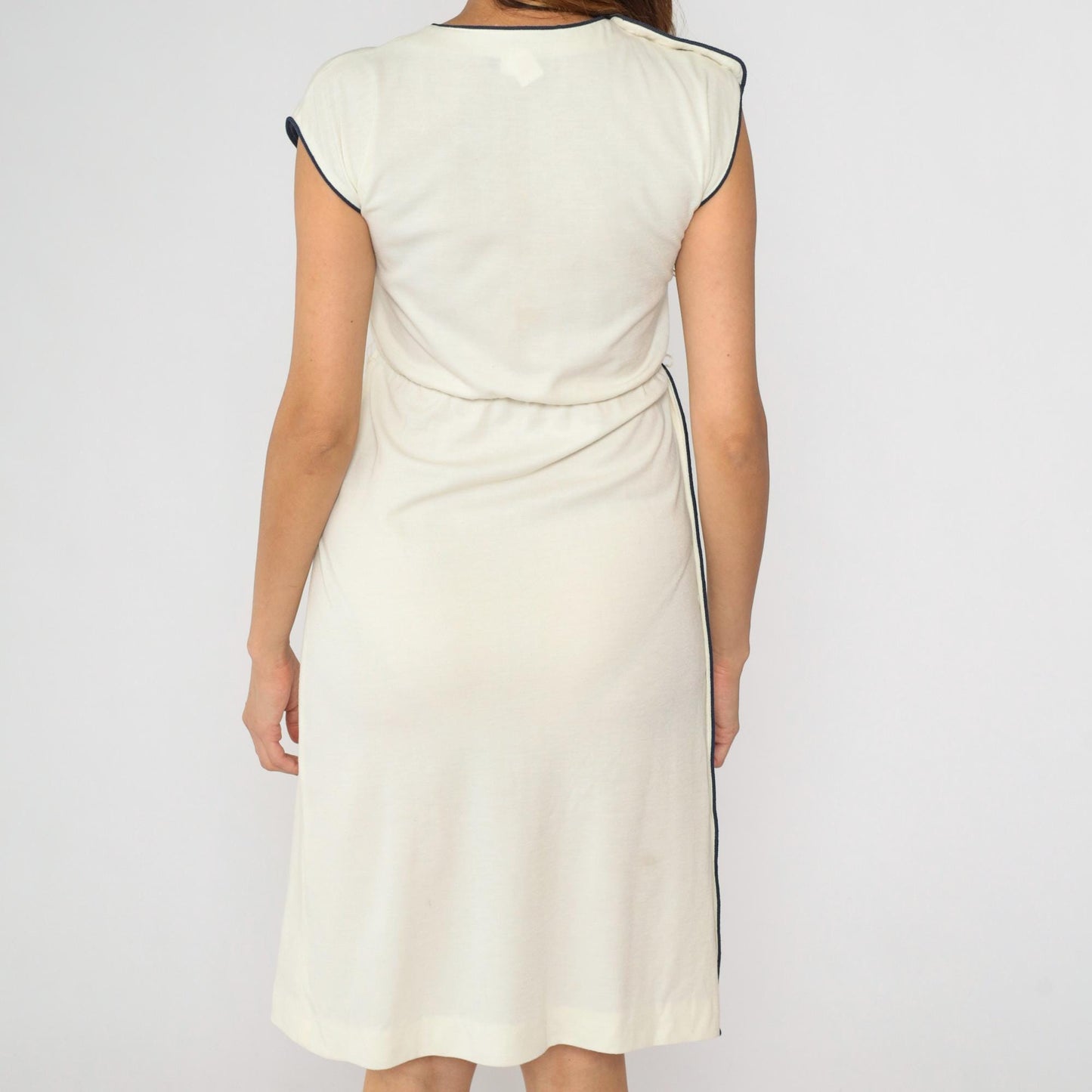 80s Lisette Cream Midi Dress Navy Piping V-Neck Cap Sleeve Extra Small