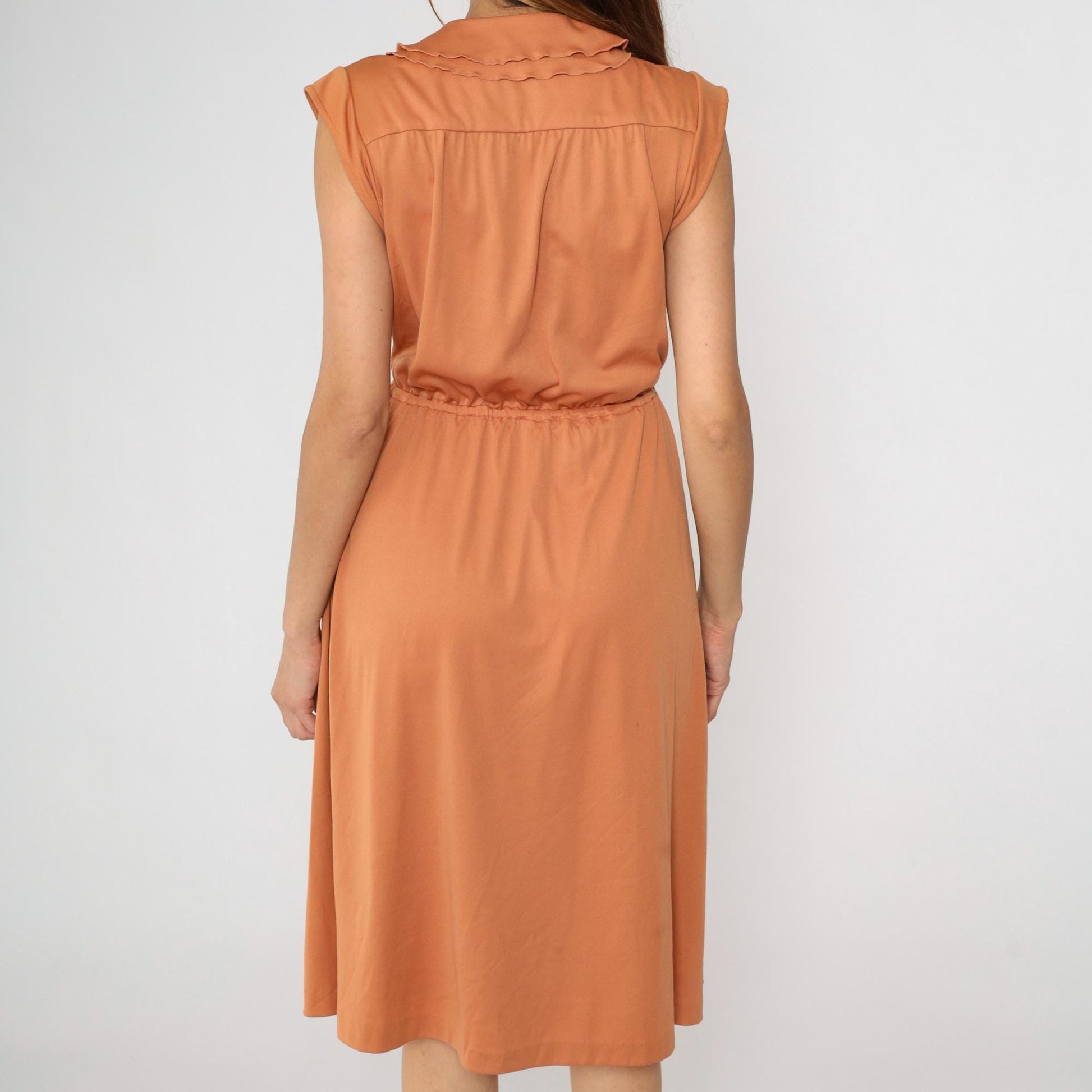 70s Burnt Orange Keyhole Midi Dress Peter Pan Collar Cap Sleeve Small
