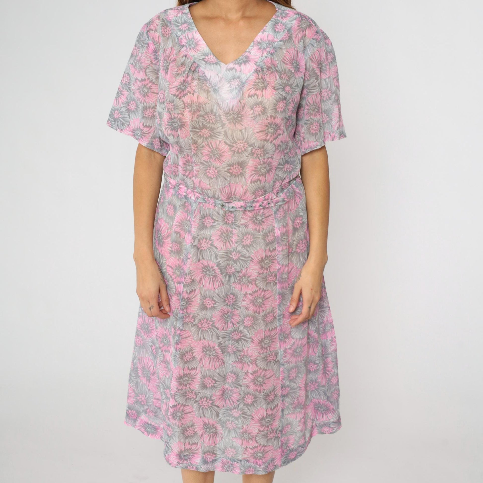 60s Floral Shift Dress Pink Grey Flower Print Midi V-Neck Short Sleeve Extra Large