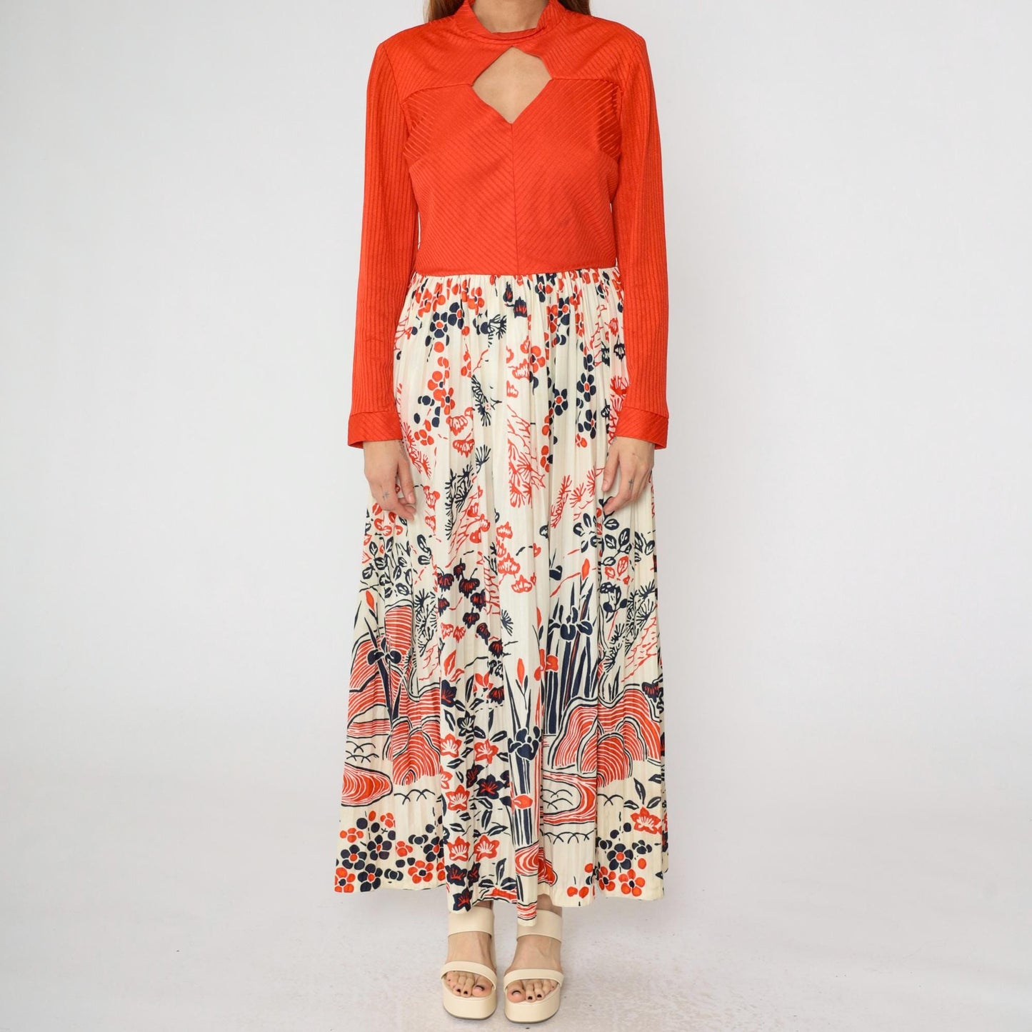 70s Red Floral Japanese Scenic Print Maxi Dress Long Sleeve Keyhole Neckline Large
