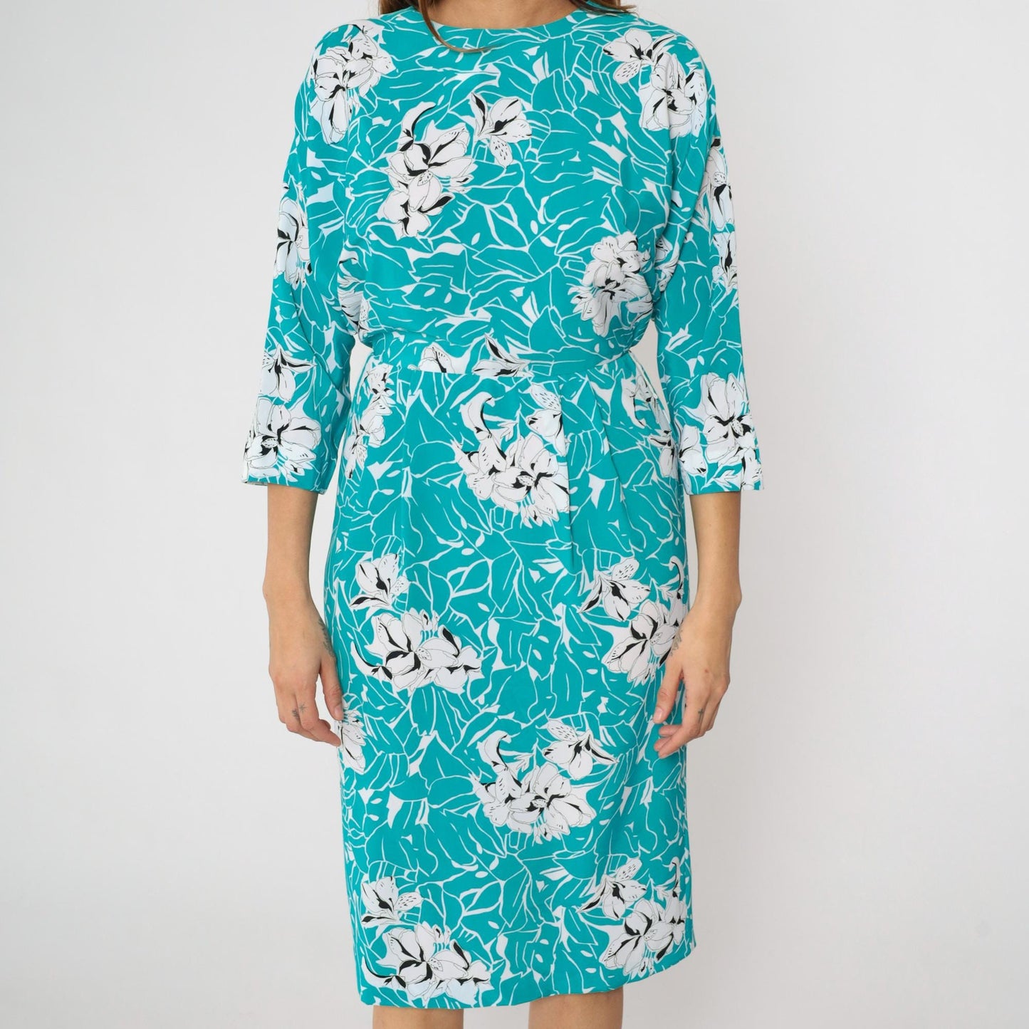 80s Turquoise Floral Midi Dress Keyhole Back Dolman Sleeve High Waist Small
