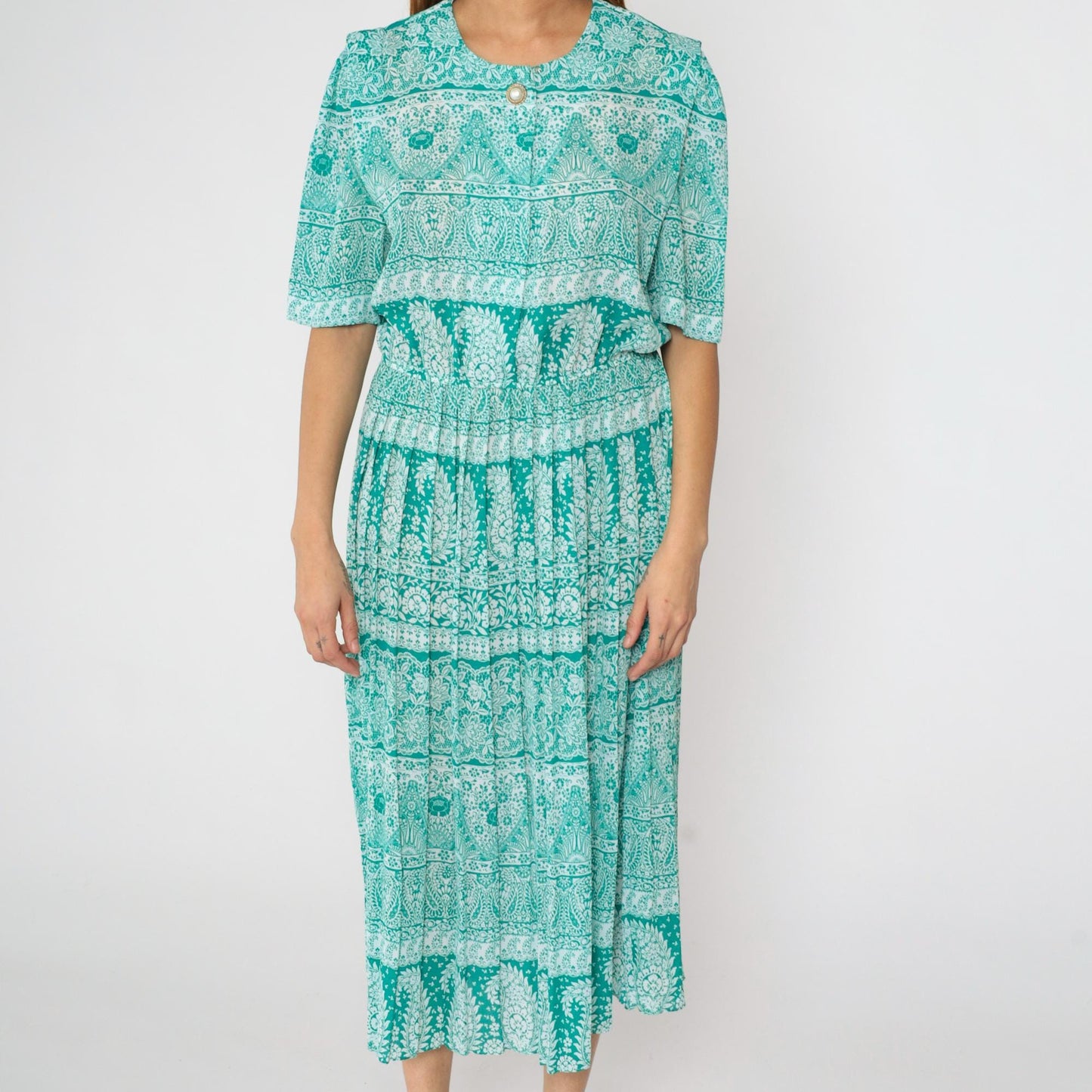 80s Green Paisley Midi Shirtwaist Dress High Waisted Pleated Short Sleeve Large L
