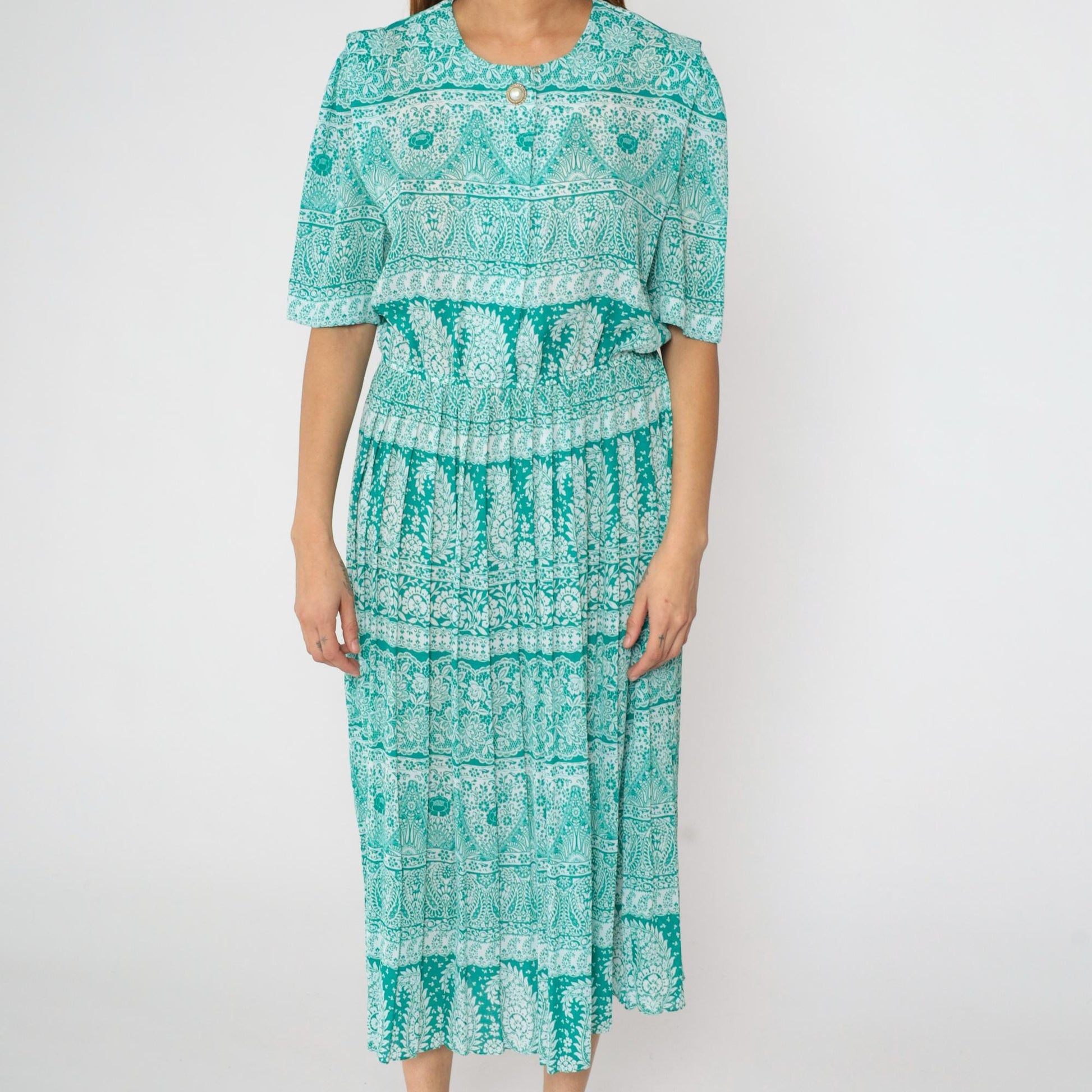 80s Green Paisley Midi Shirtwaist Dress High Waisted Pleated Short Sleeve Large L