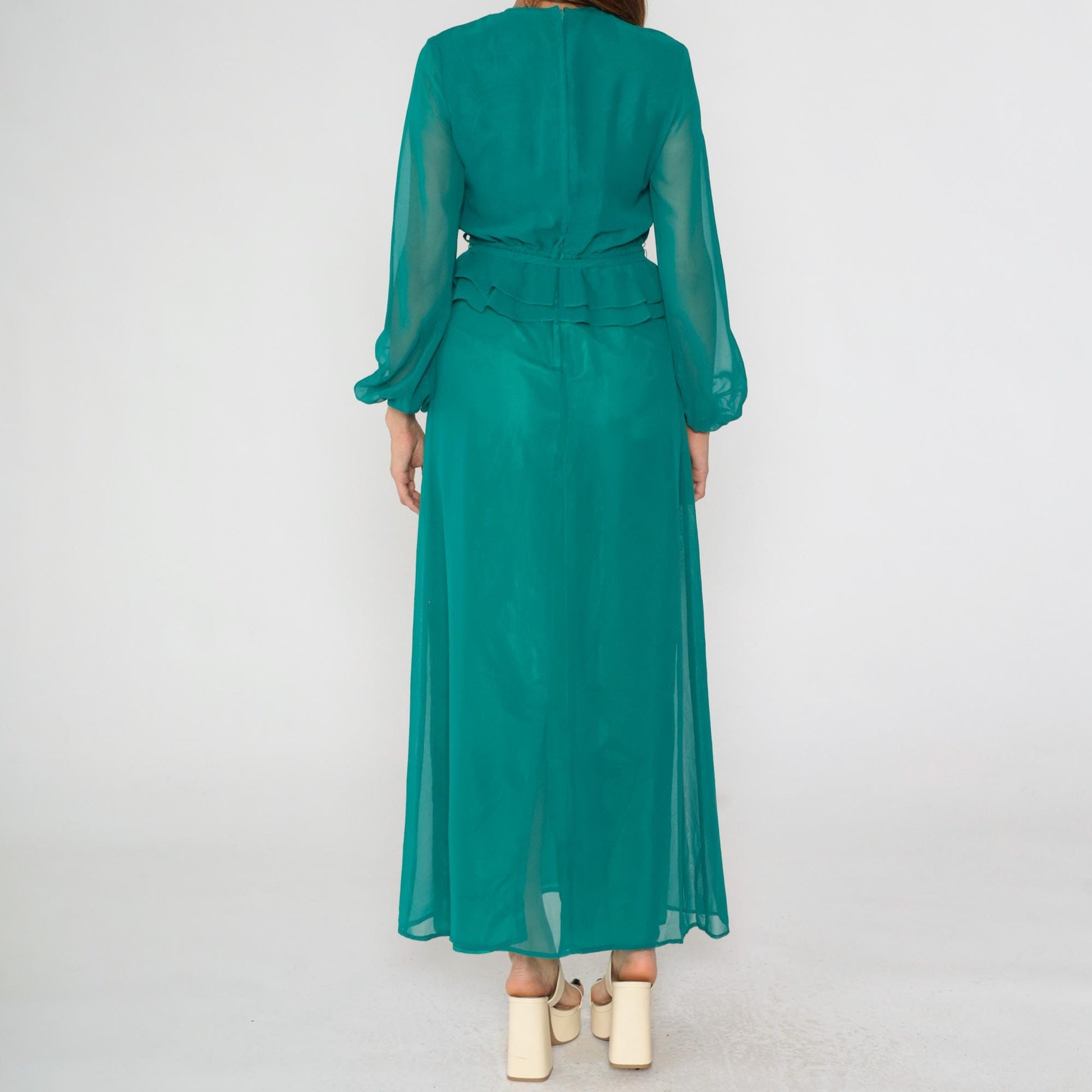 70s Teal Chiffon Maxi Dress High Waist Ruffle Sheer Sleeves Small