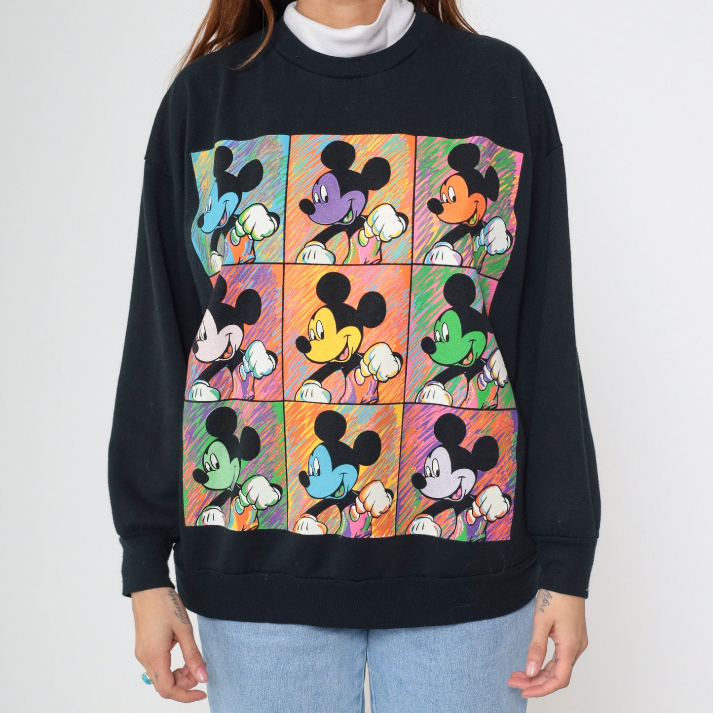 90s Mickey Mouse Turtleneck Sweatshirt Black Disney Embroidered Large