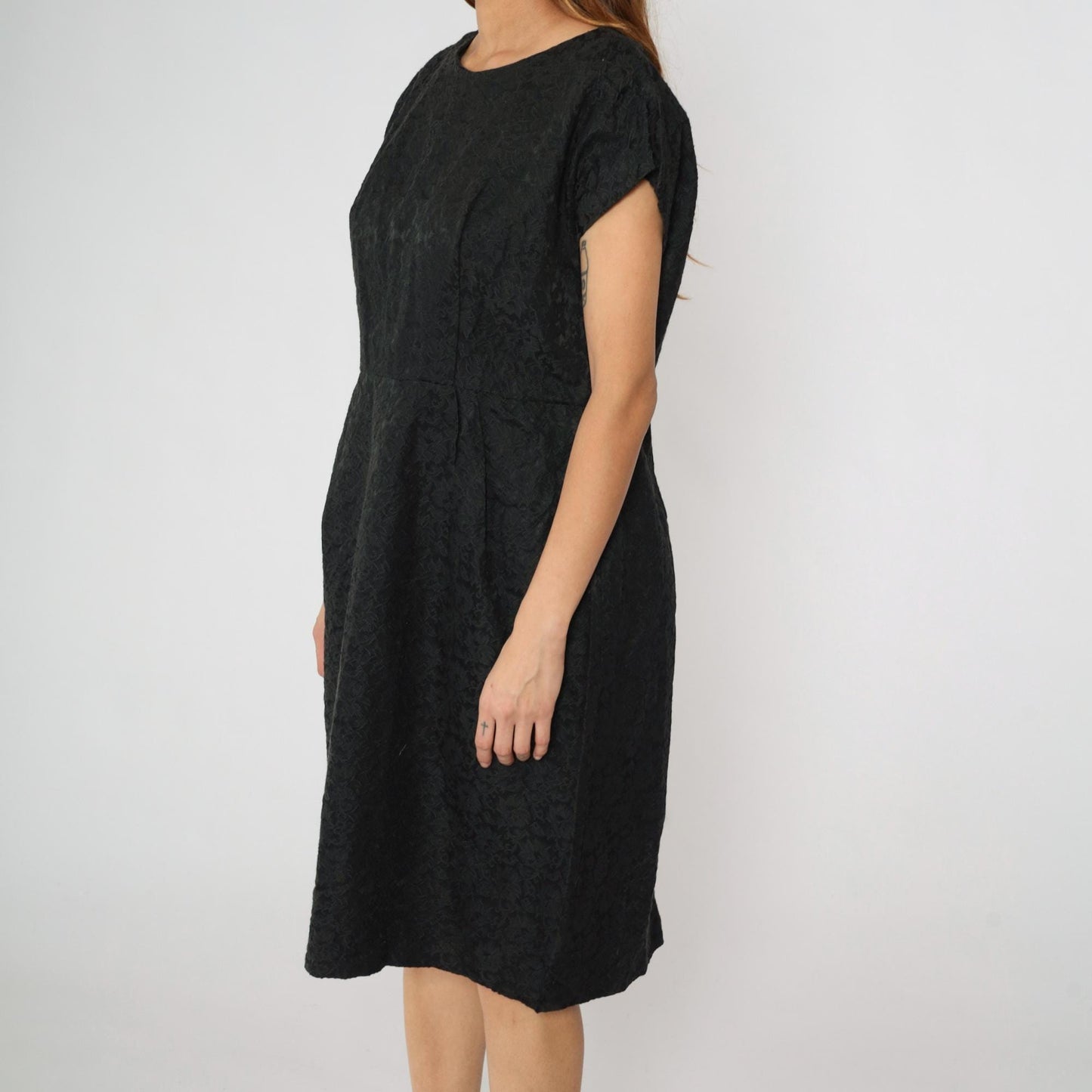 60s Black Brocade Sheath Dress Floral Cap Sleeve Midi Large L