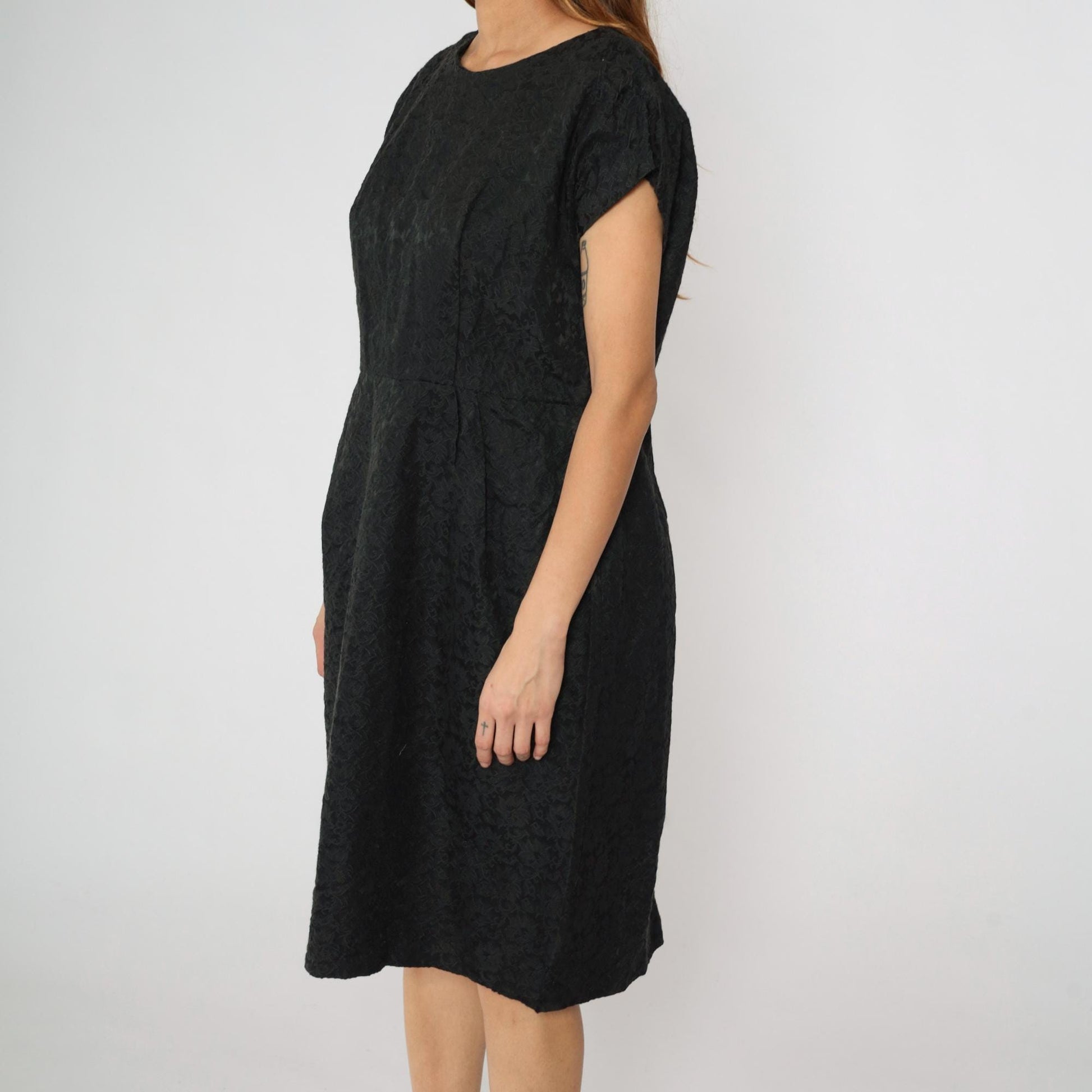60s Black Brocade Sheath Dress Floral Cap Sleeve Midi Large L