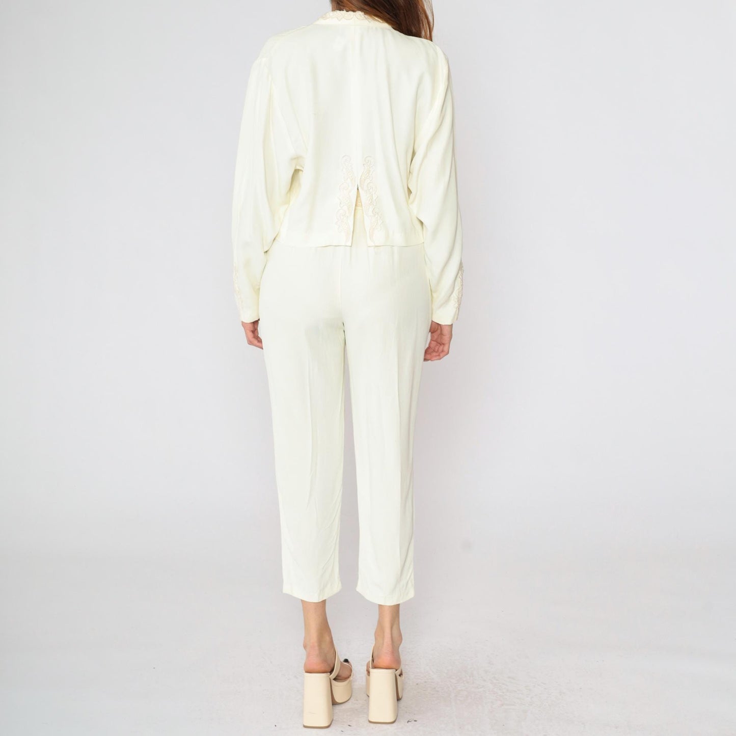 80s Two Piece Suit Cream Embroidered Blazer & Tapered Pants Set Small