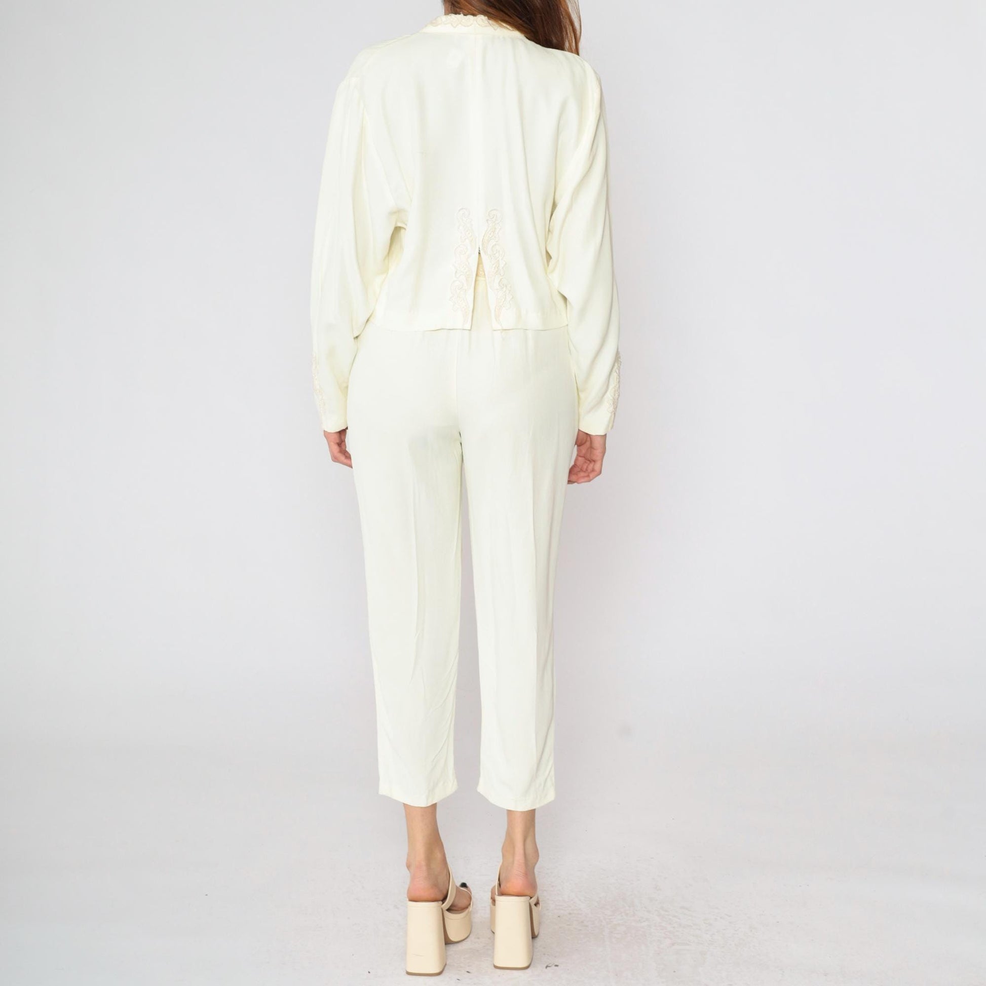 80s Two Piece Suit Cream Embroidered Blazer & Tapered Pants Set Small