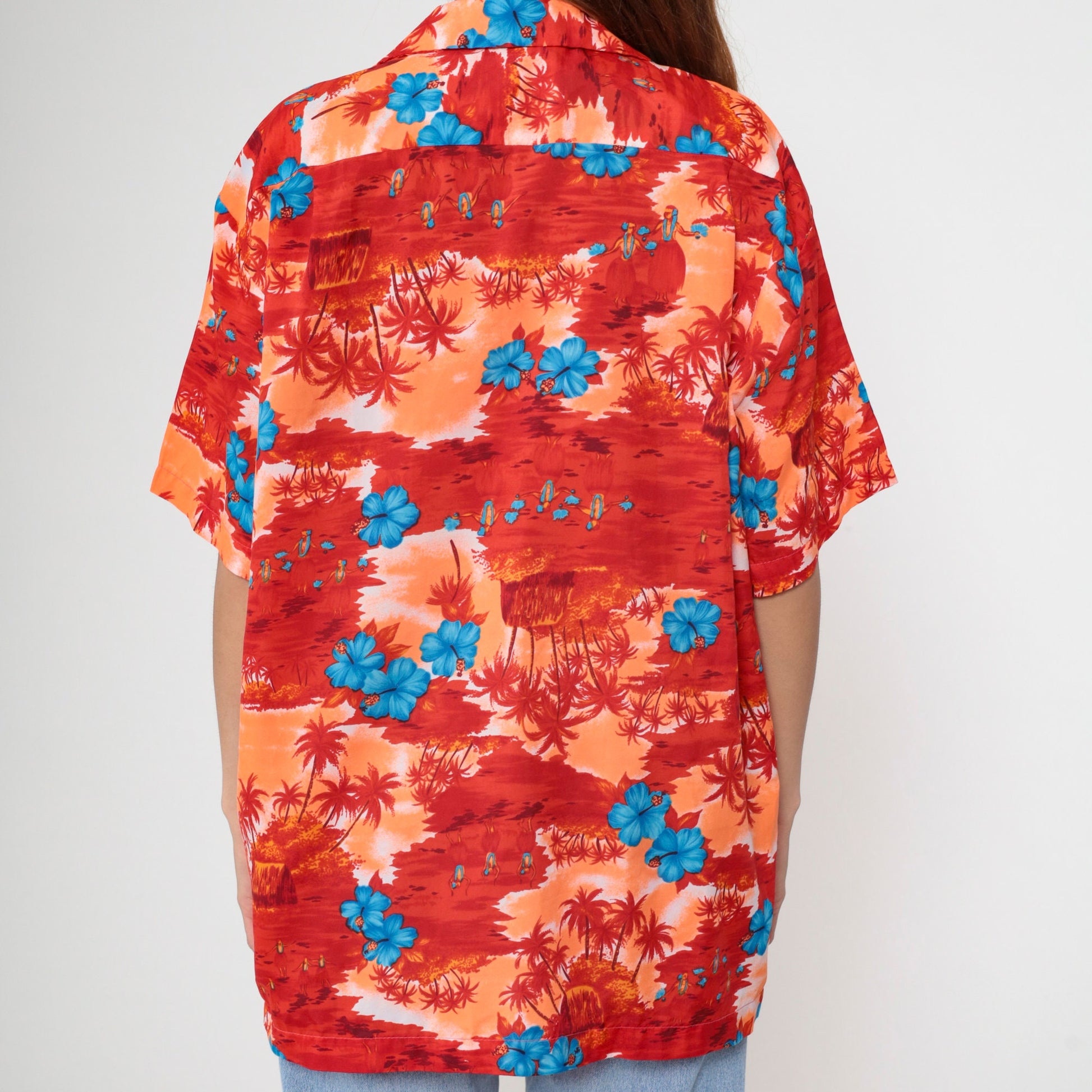 70s Hawaiian Shirt Tropical Floral Hula Dancer Palm Print Button Up Extra Large
