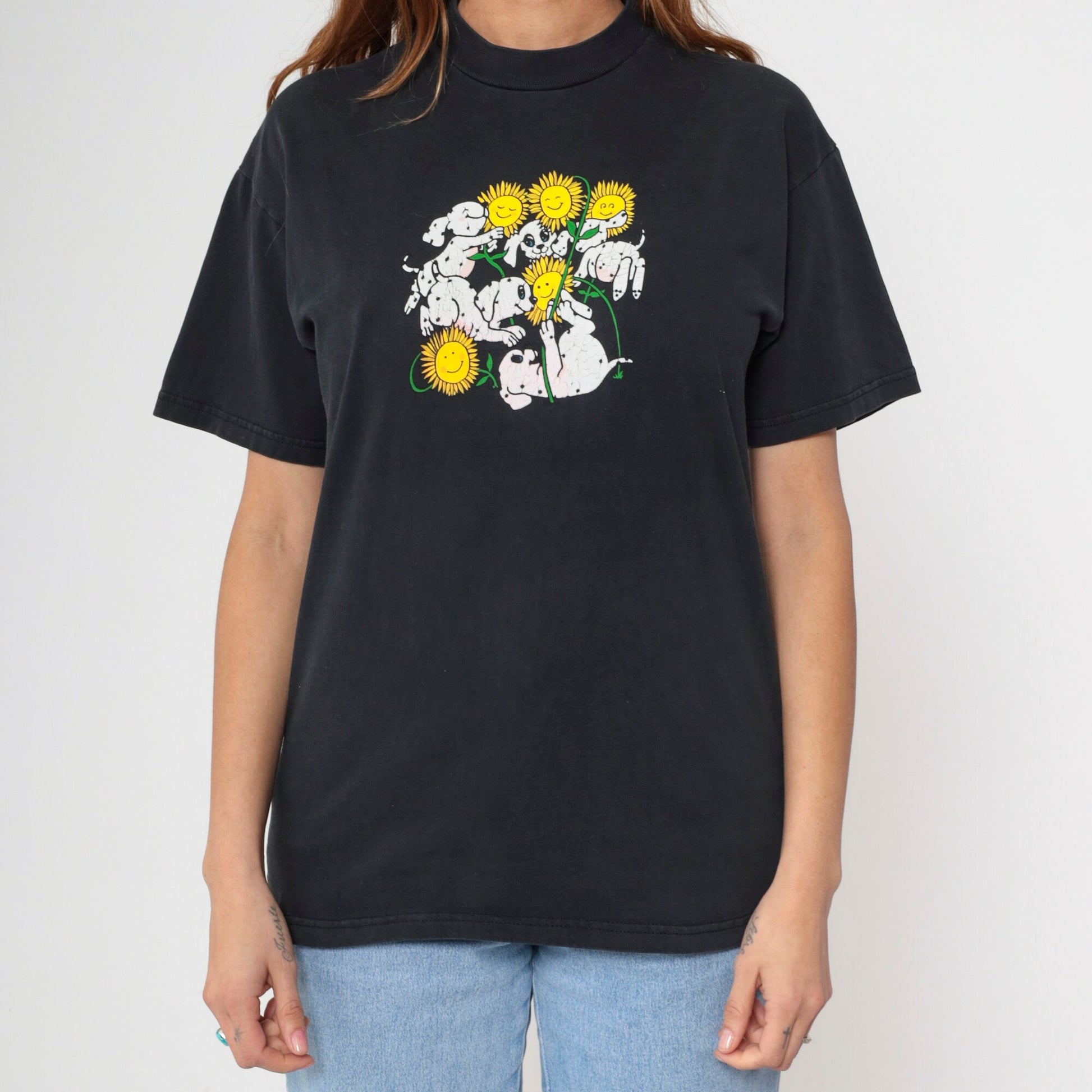 90s Dalmatian Puppy Sunflower Graphic T-Shirt Black Cotton Tee Medium