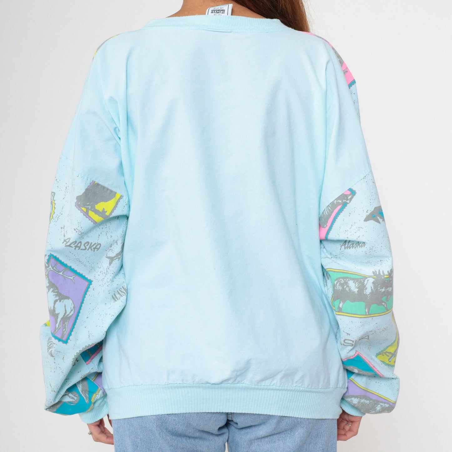 80s Alaska Wildlife Graphic Sweatshirt Light Blue Cotton Pullover Extra Large XL