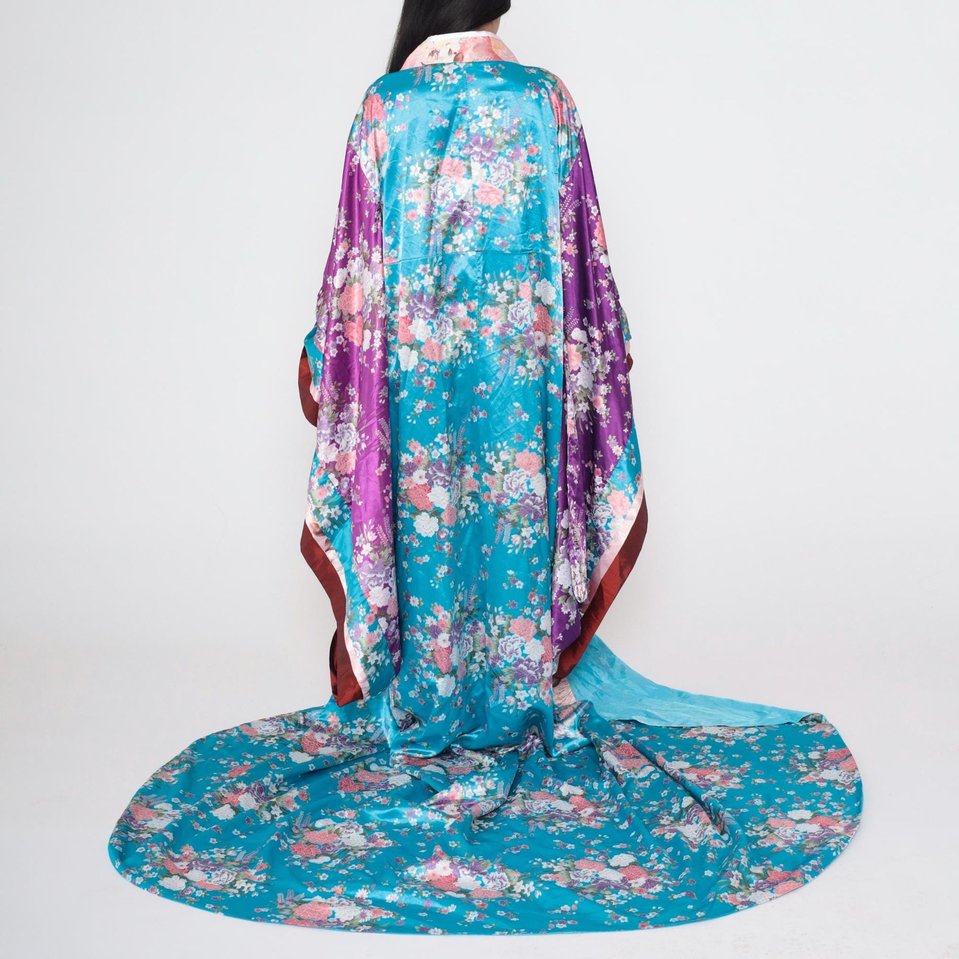 Vintage Floral Silk Kimono Robe Turquoise Purple Long Train Open Front
