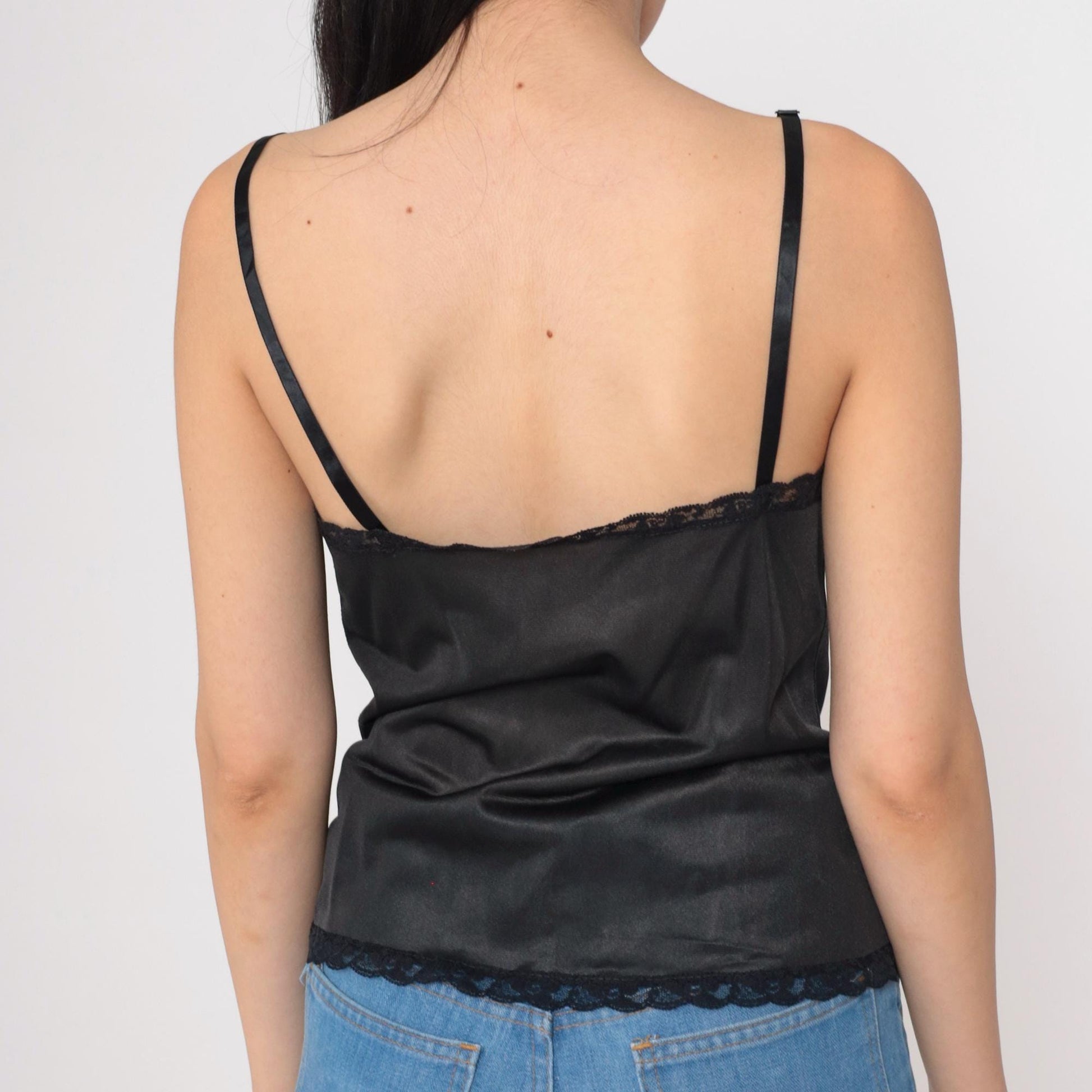 90s Black Camisole Lace Trim V-Neck Nylon Cami Top Small