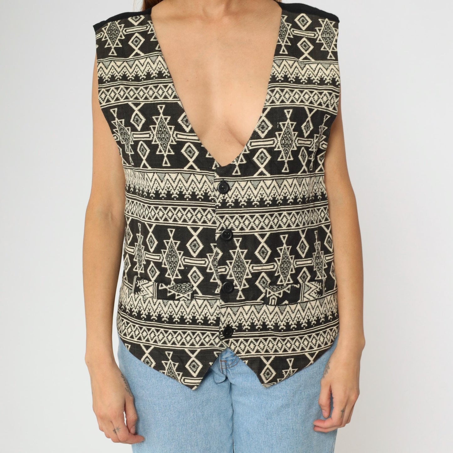 90s Southwestern Tapestry Vest Men's Button Up Sleeveless Black Cream Geometric Large L