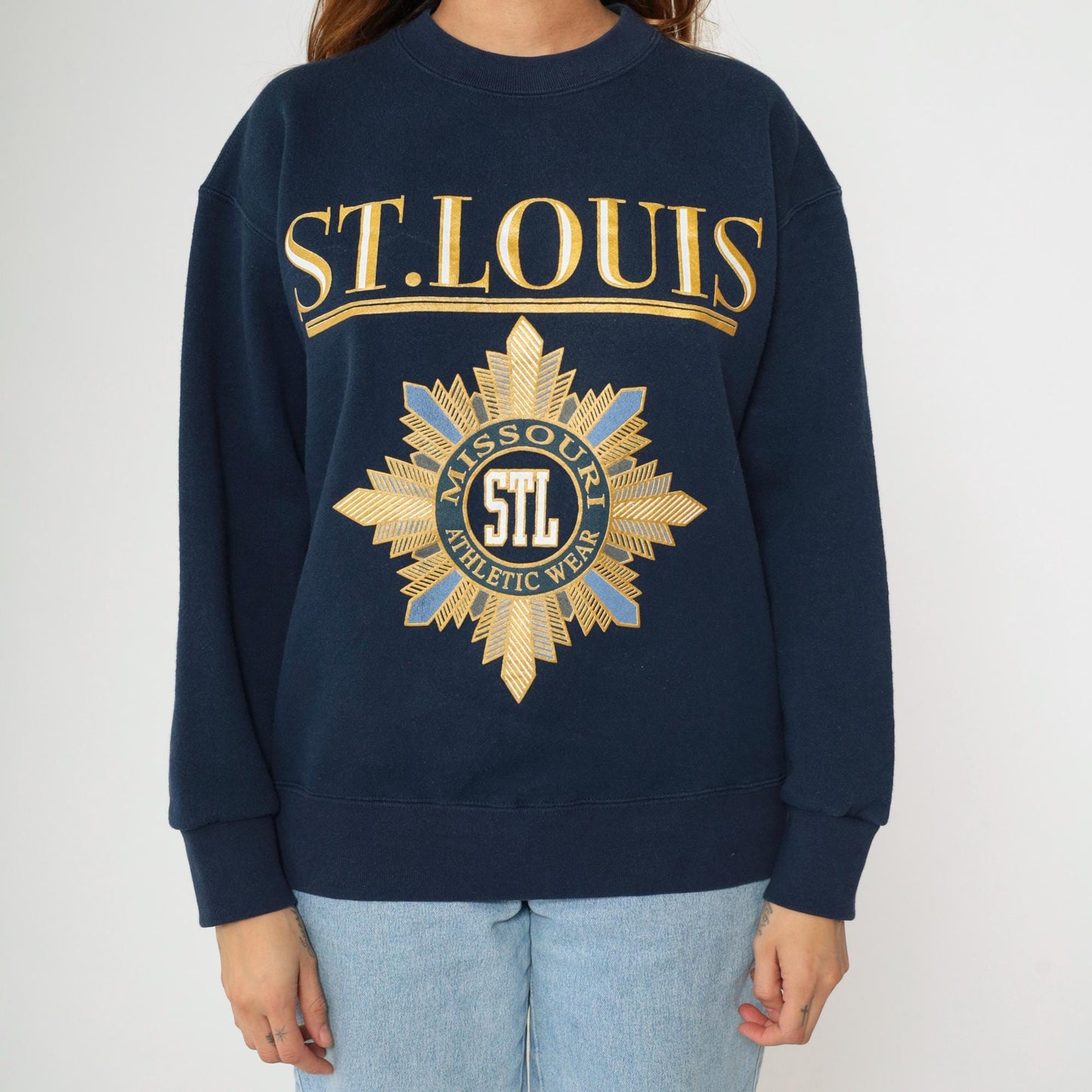 90s St. Louis Missouri Navy Crewneck Sweatshirt Gold Graphic Medium