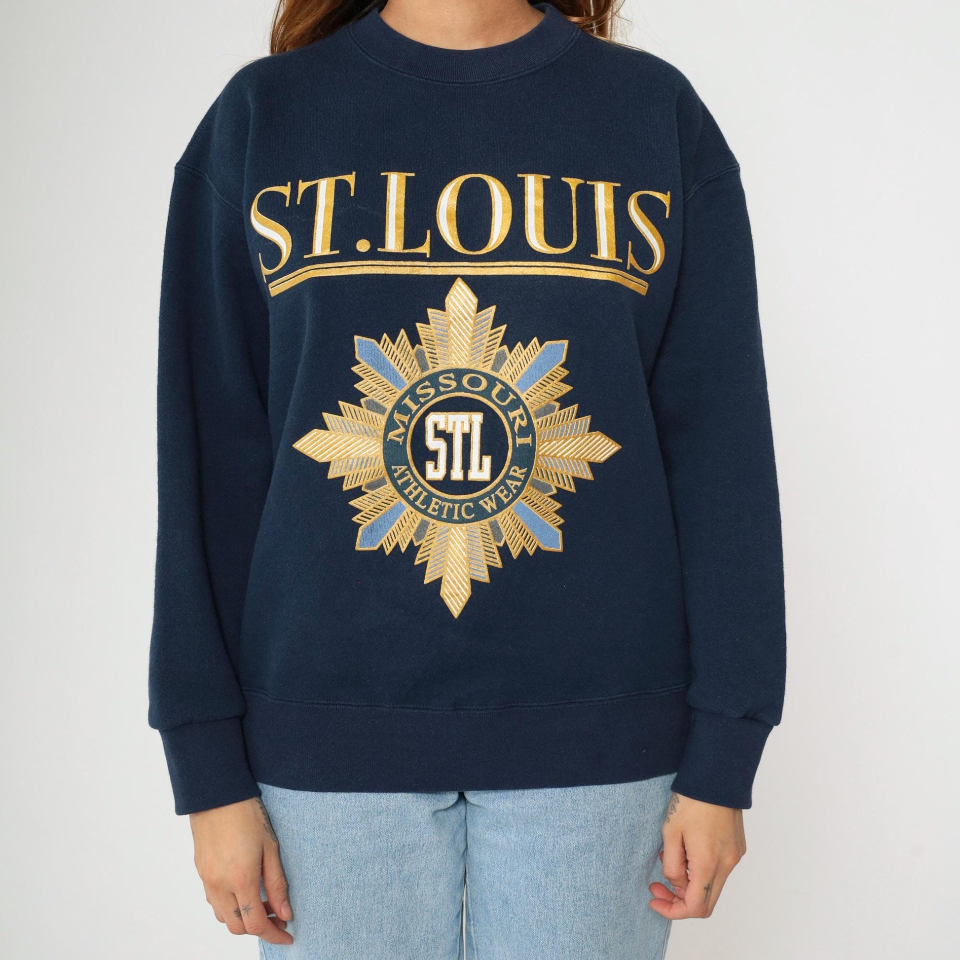 90s St. Louis Missouri Navy Crewneck Sweatshirt Gold Graphic Medium