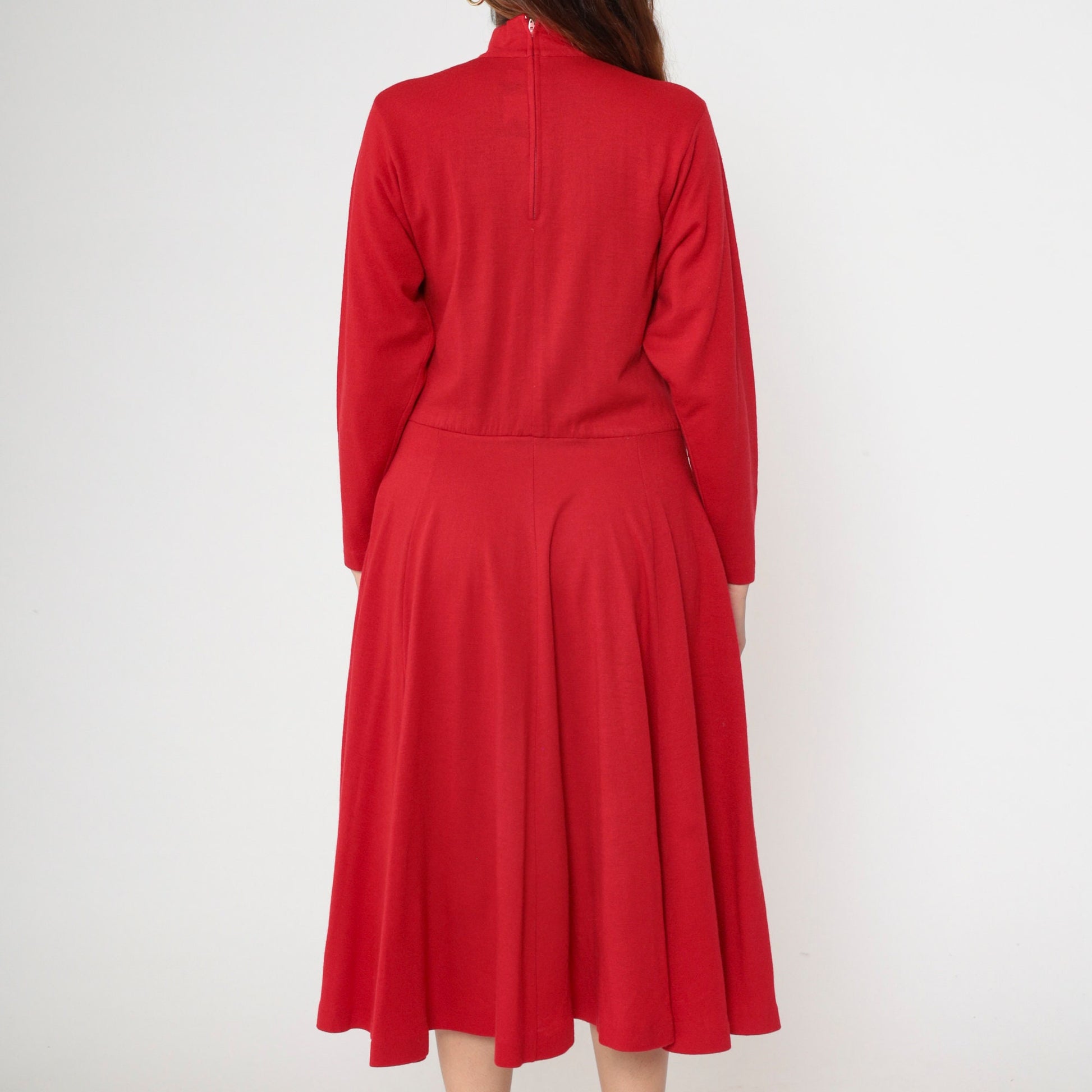 90s Karen Kane Red Wool Midi Dress Mock Neck Long Sleeve Small 4