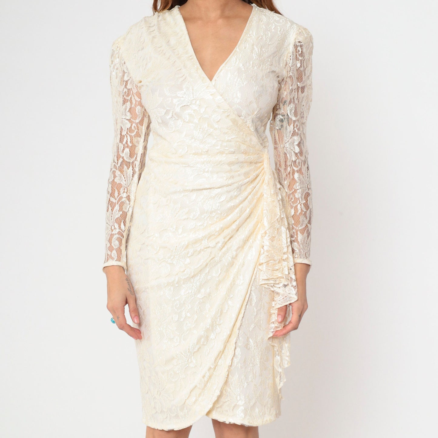 80s Ivory Lace Wrap Dress V-Neck Long Sleeve Sheath Knee-Length Small