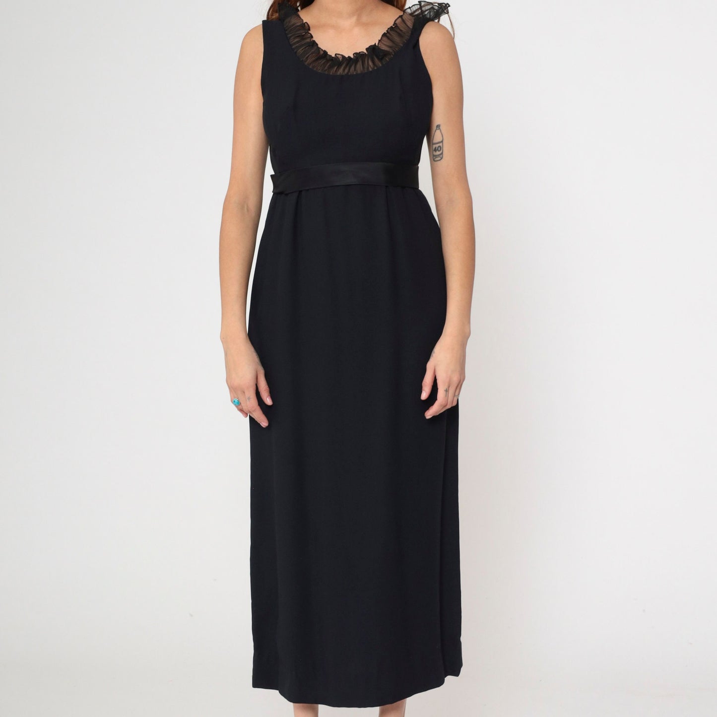 60s Black Empire Waist Maxi Dress Ruffled Neckline Satin Bow Small