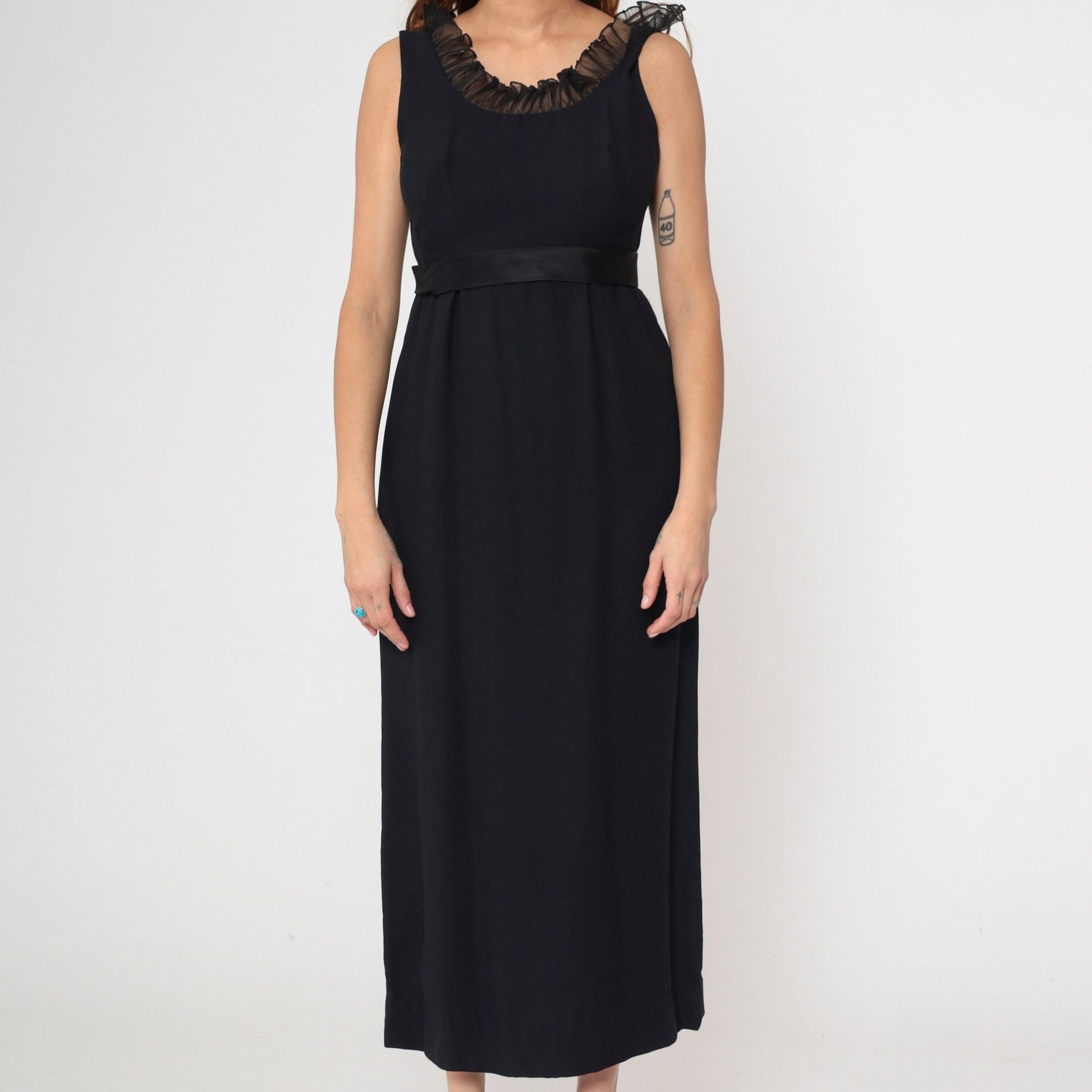 60s Black Empire Waist Maxi Dress Ruffled Neckline Satin Bow Small