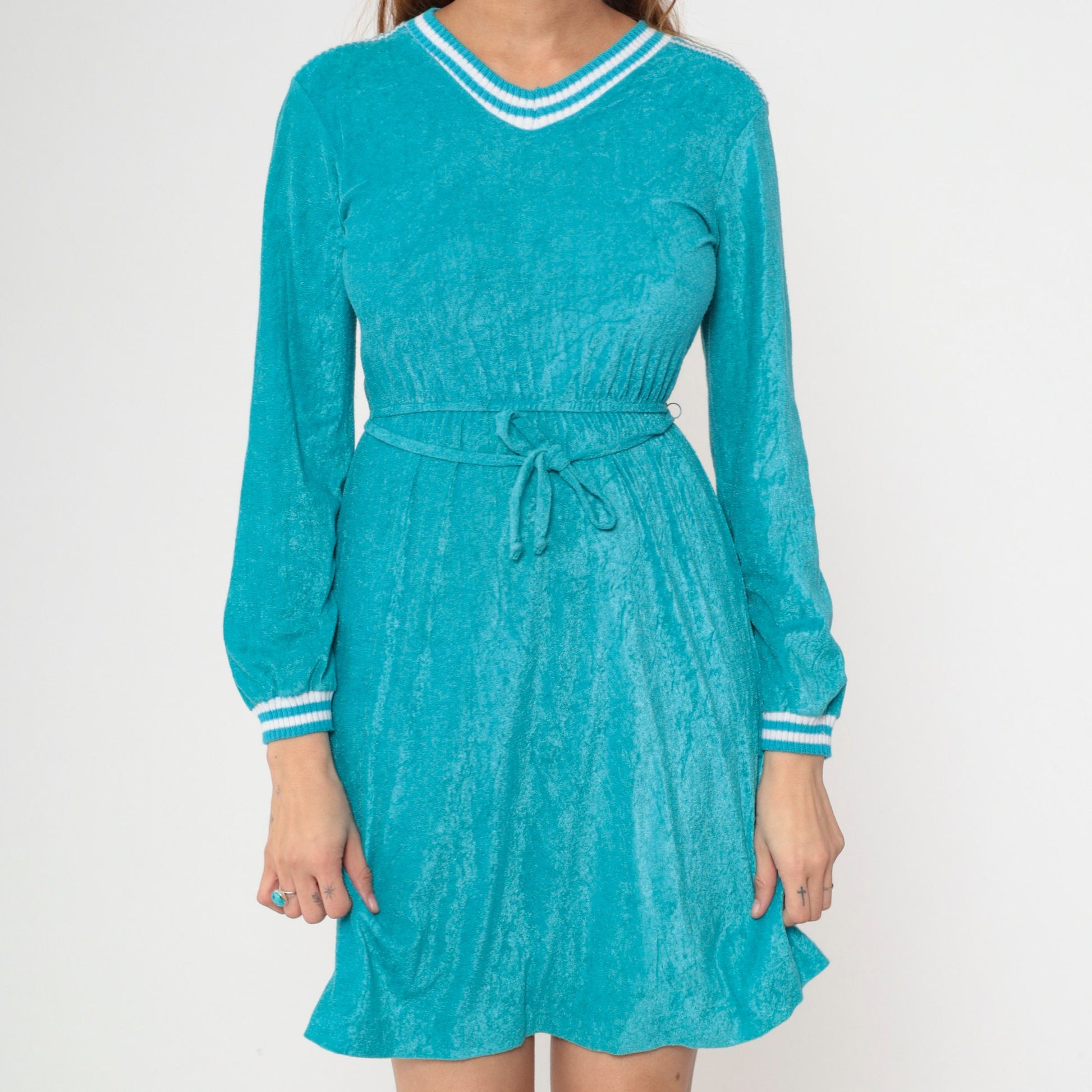 70s Turquoise Terry Cloth Mini Dress V-Neck Long Sleeve Elastic Waist Extra Small