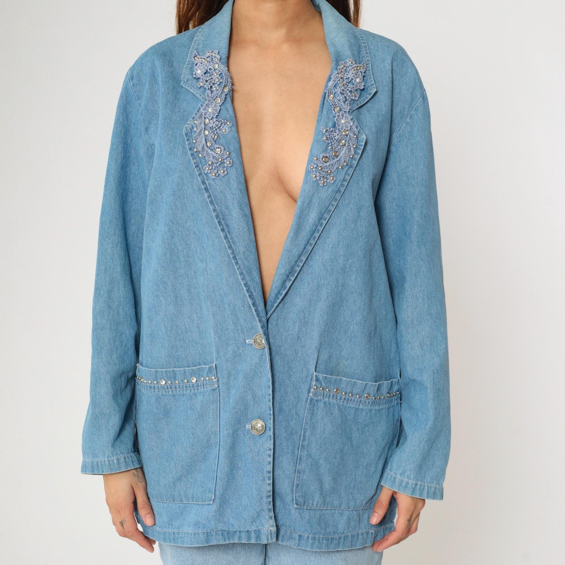 90s Bridge Sportswear Denim Blazer Blue Studded Rhinestone Lace Medium