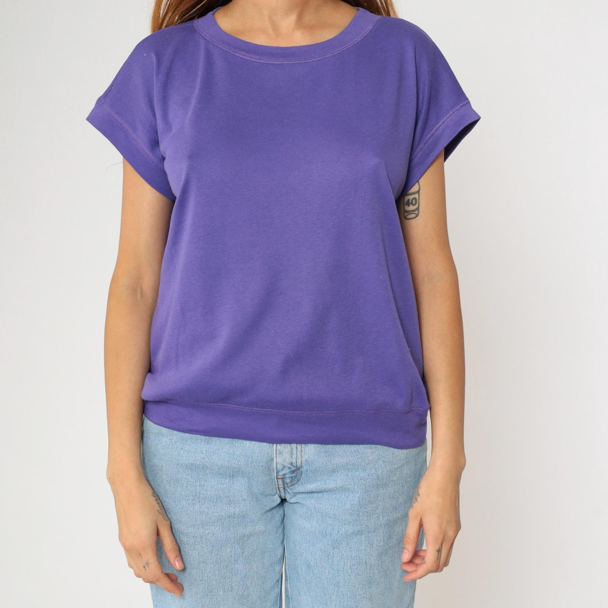 90s Purple T-Shirt Dolman Sleeve Banded Hem Slouchy Fit Large