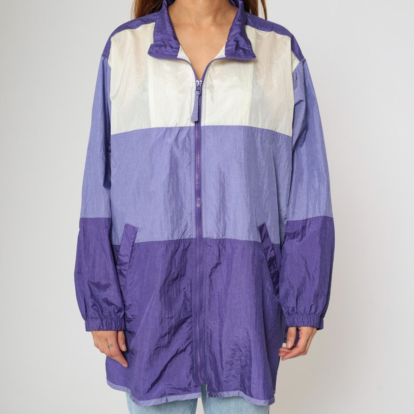 90s Purple White Colour Block Windbreaker Jacket Nylon Zip Plus Size XXL
