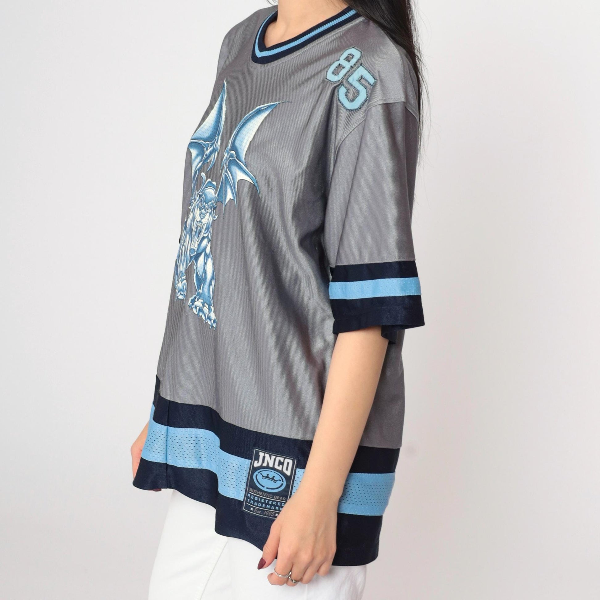 Y2K JNCO Winged Sabertooth Gargoyle Jersey Grey Blue V-Neck Small S