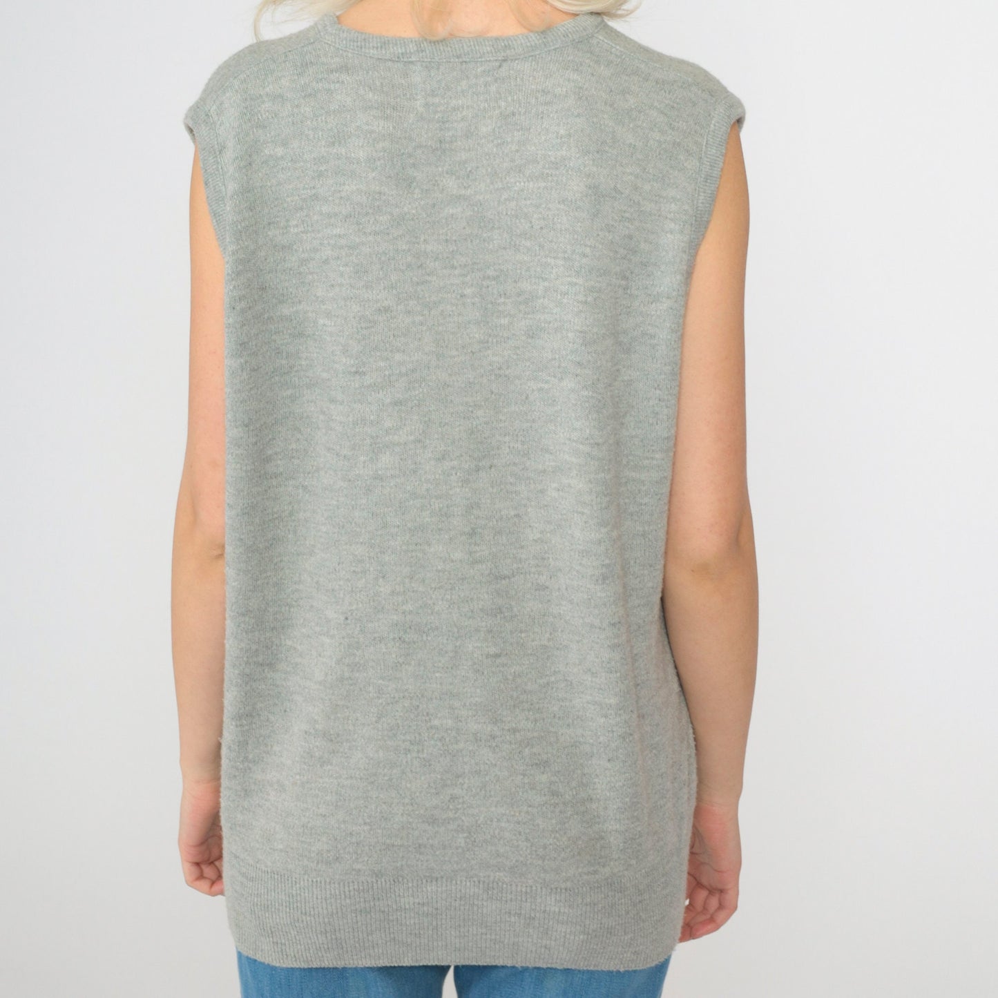 80s Grey V-Neck Sweater Vest Knit Tank Sleeveless Large