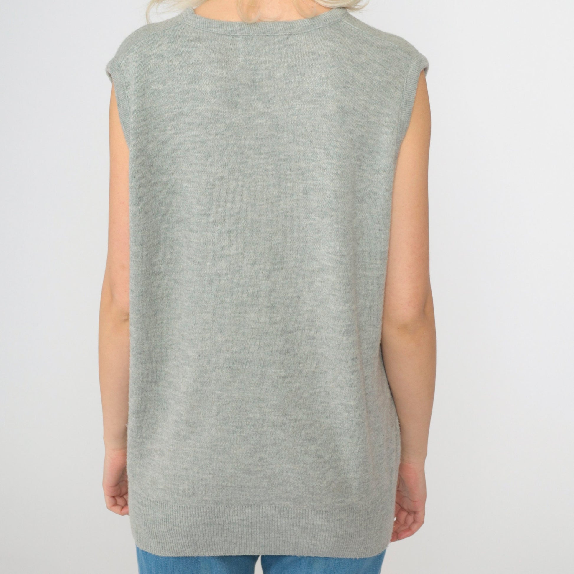 80s Grey V-Neck Sweater Vest Knit Tank Sleeveless Large