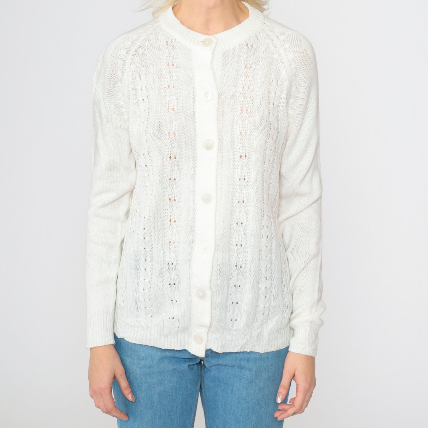 70s White Pointelle Cardigan Open Weave Knit Button Up Raglan Medium