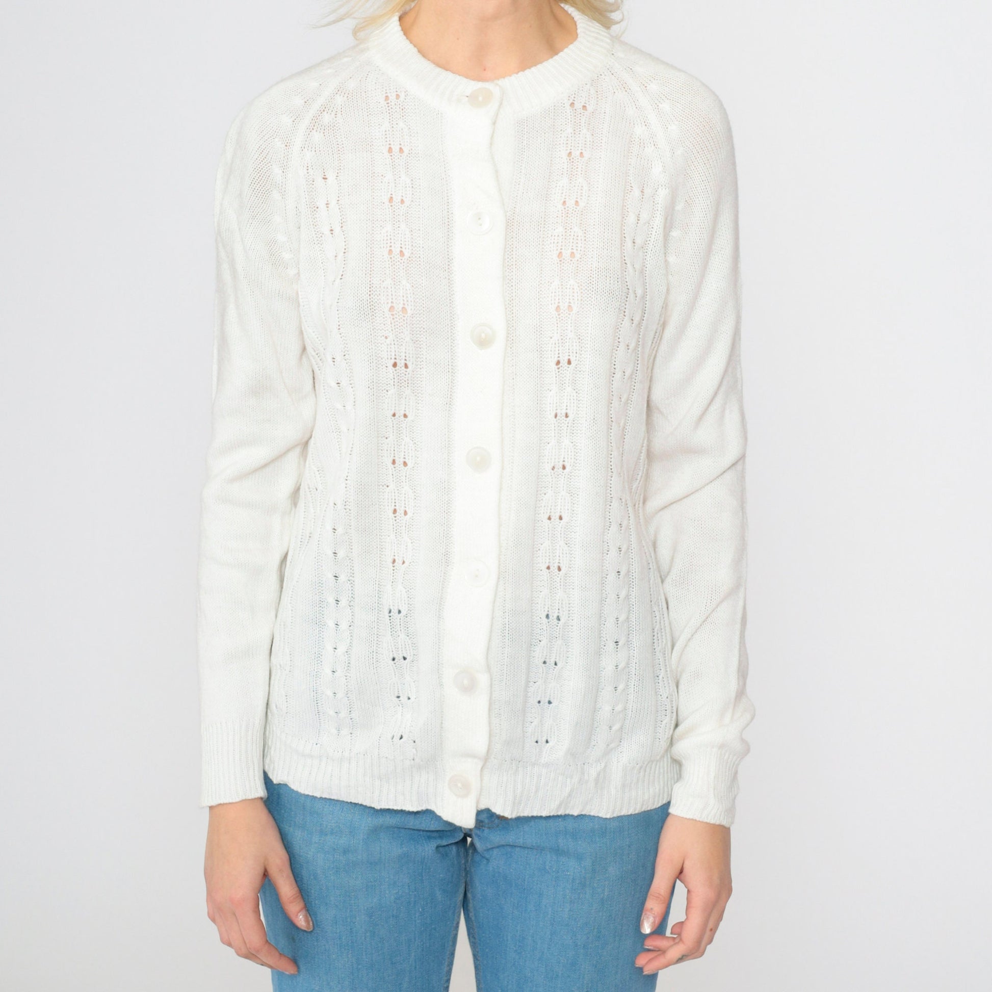 70s White Pointelle Cardigan Open Weave Knit Button Up Raglan Medium