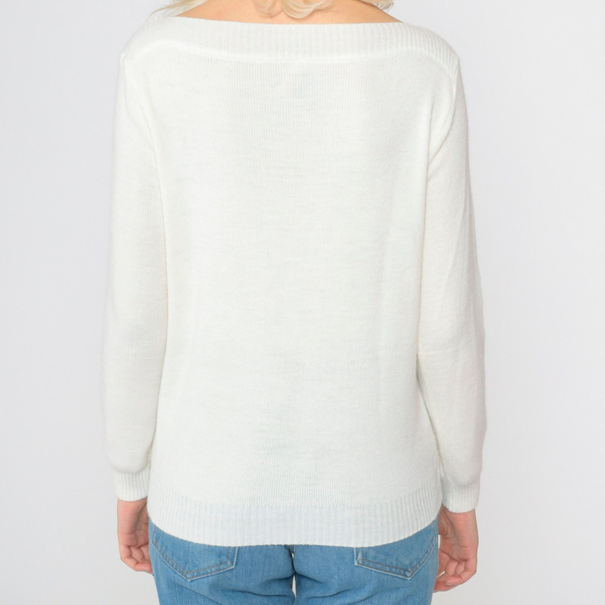 70s Clown Embroidered Sweater White Boatneck Pullover Novelty Small S