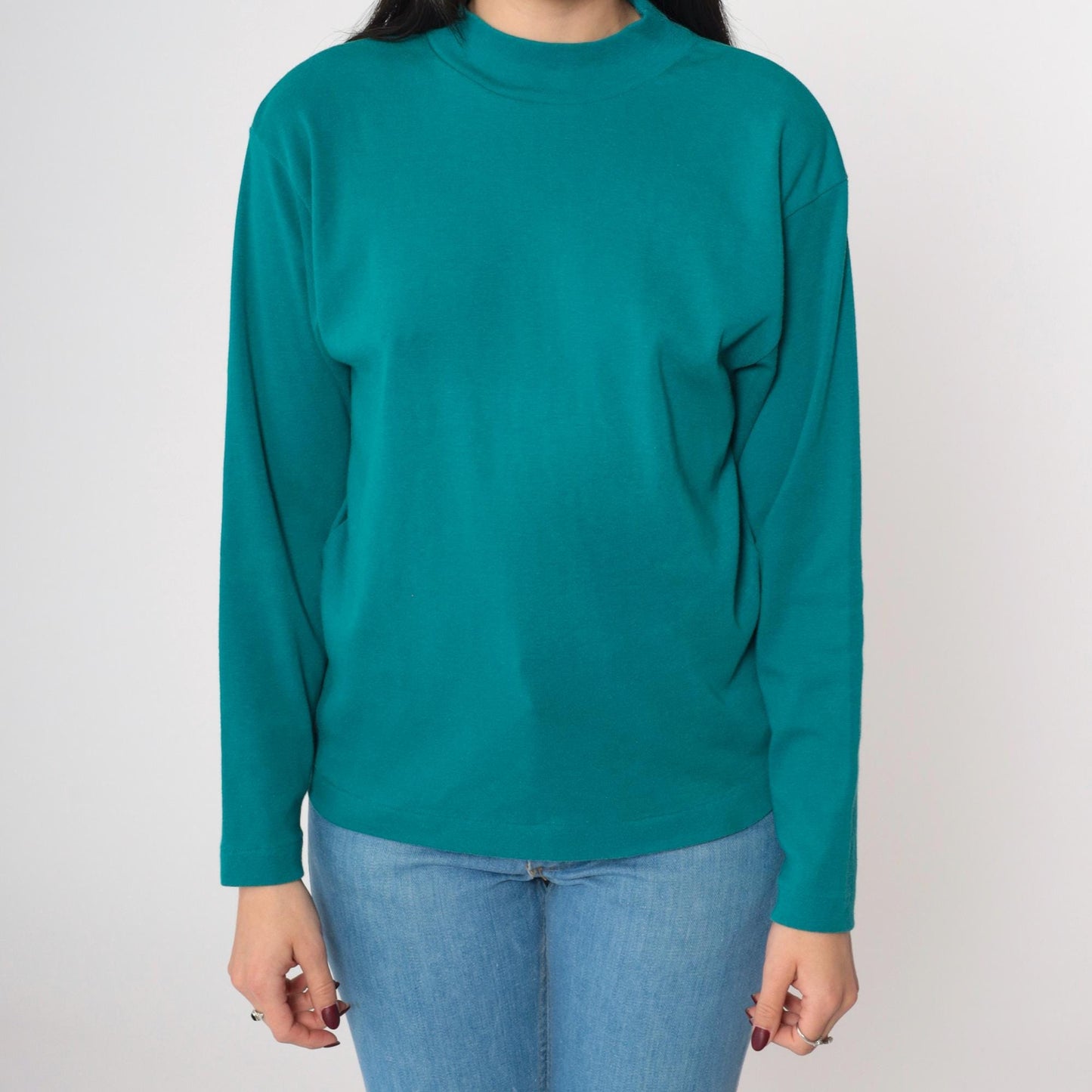90s Teal Mock Neck Long Sleeve T-Shirt Small S
