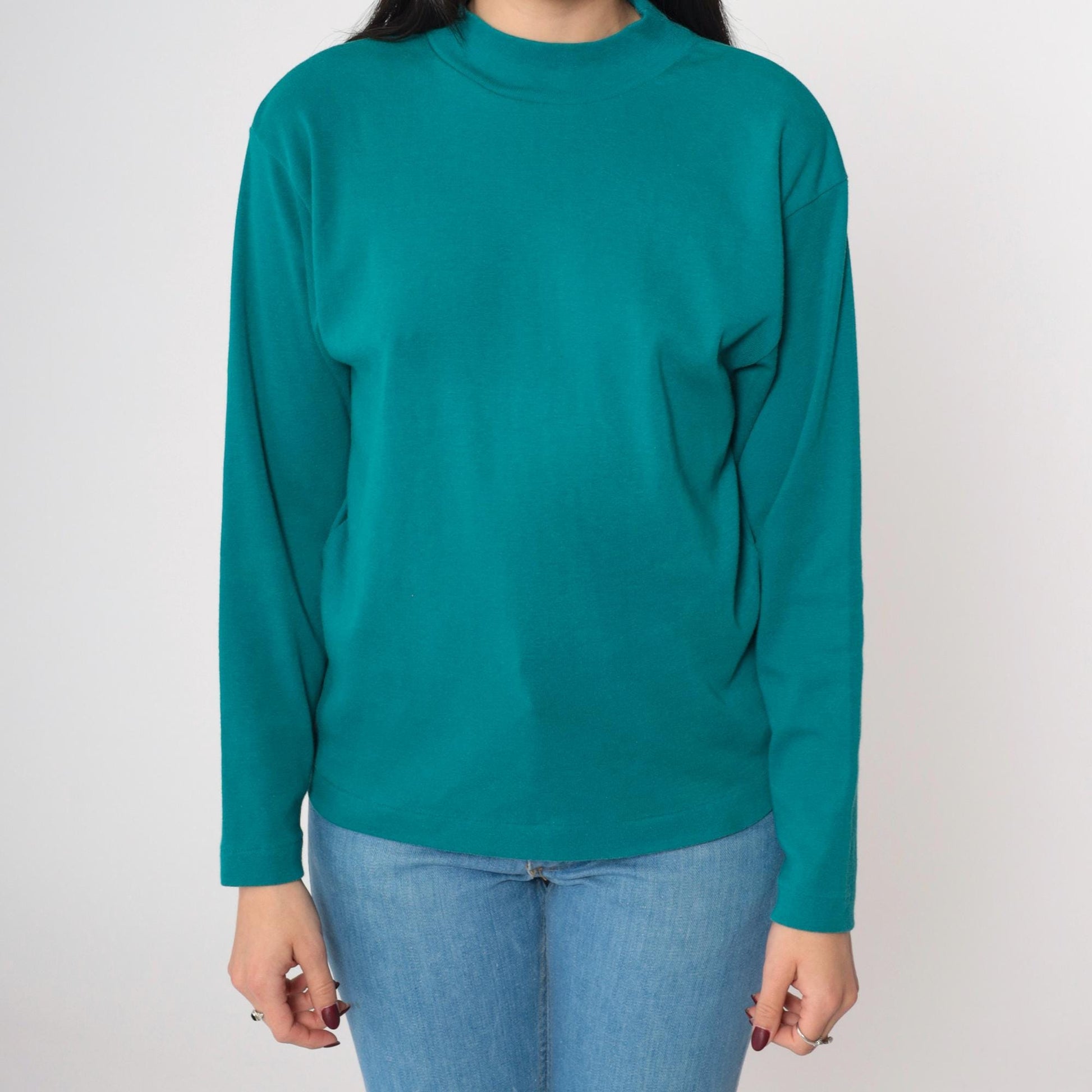 90s Teal Mock Neck Long Sleeve T-Shirt Small S