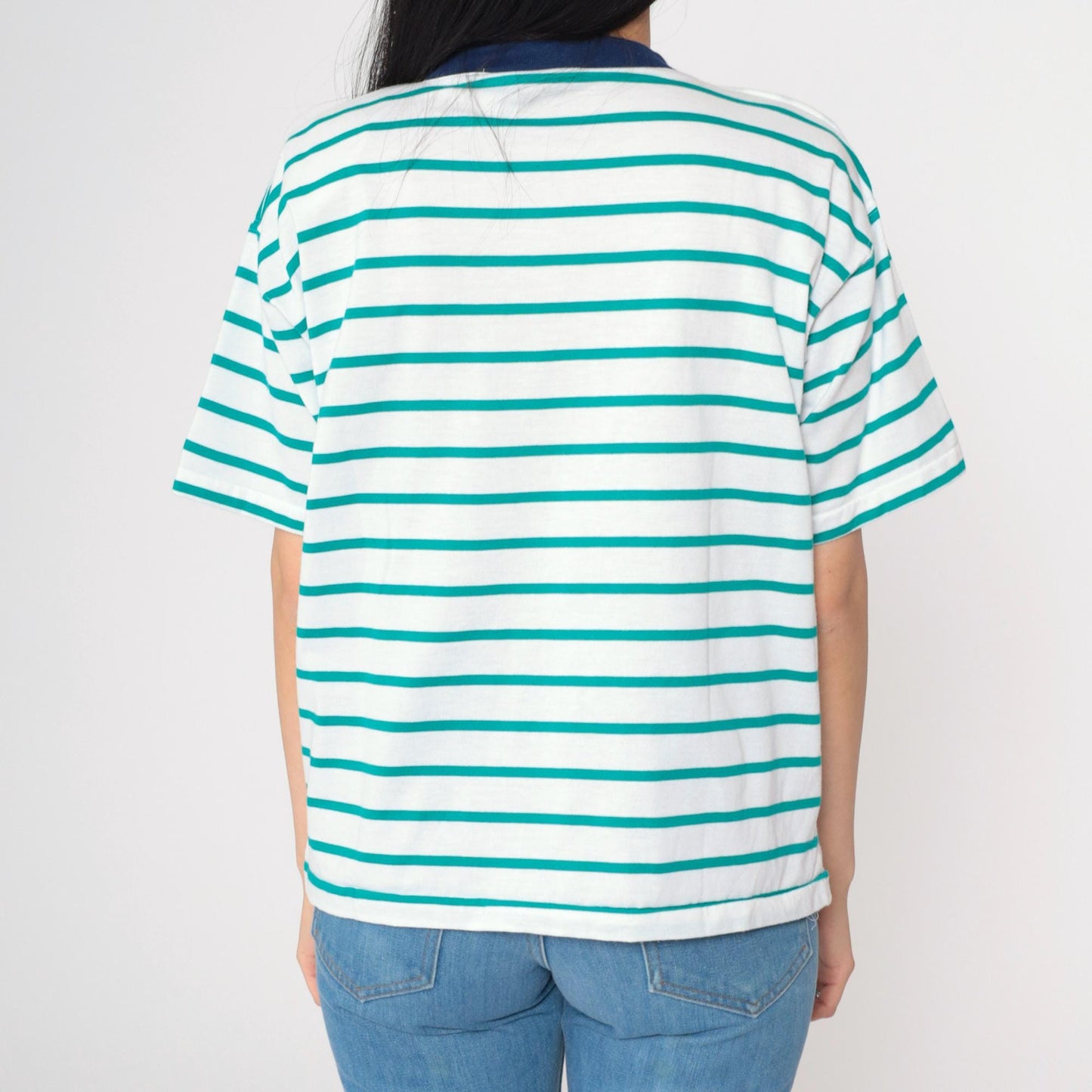 90s Royal Academy Crest Striped T-Shirt Green White Ringer Tee Medium